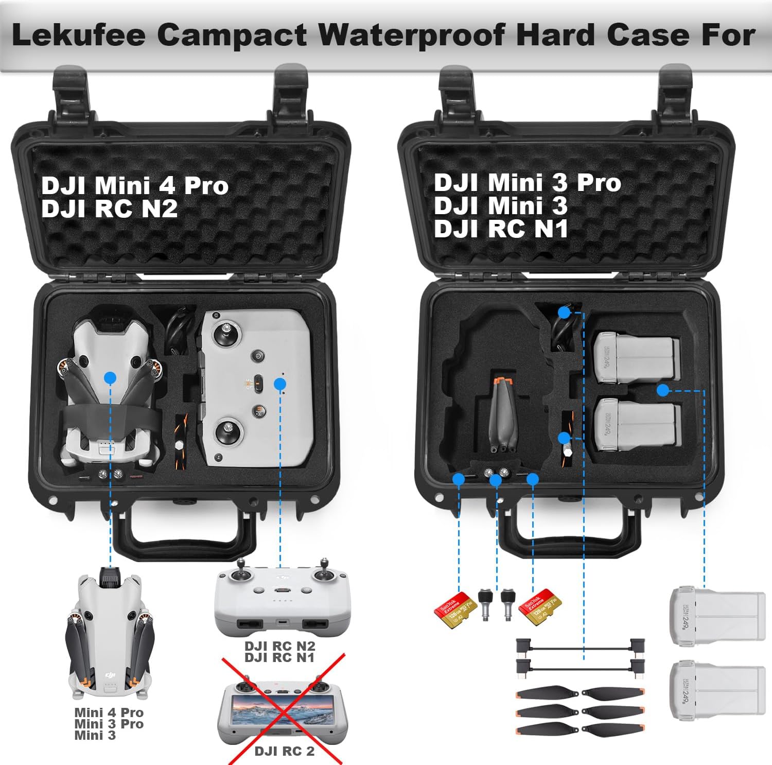 Lekufee Small Waterproof Hard Case Compatible with DJI Mini 4 Pro Drone/DJI Mini 3 Pro/Mini 3 Drone/DJI RC N2/RC N1 and Accessories (Case Only)(NOT FIT DJI RC/RC 2)