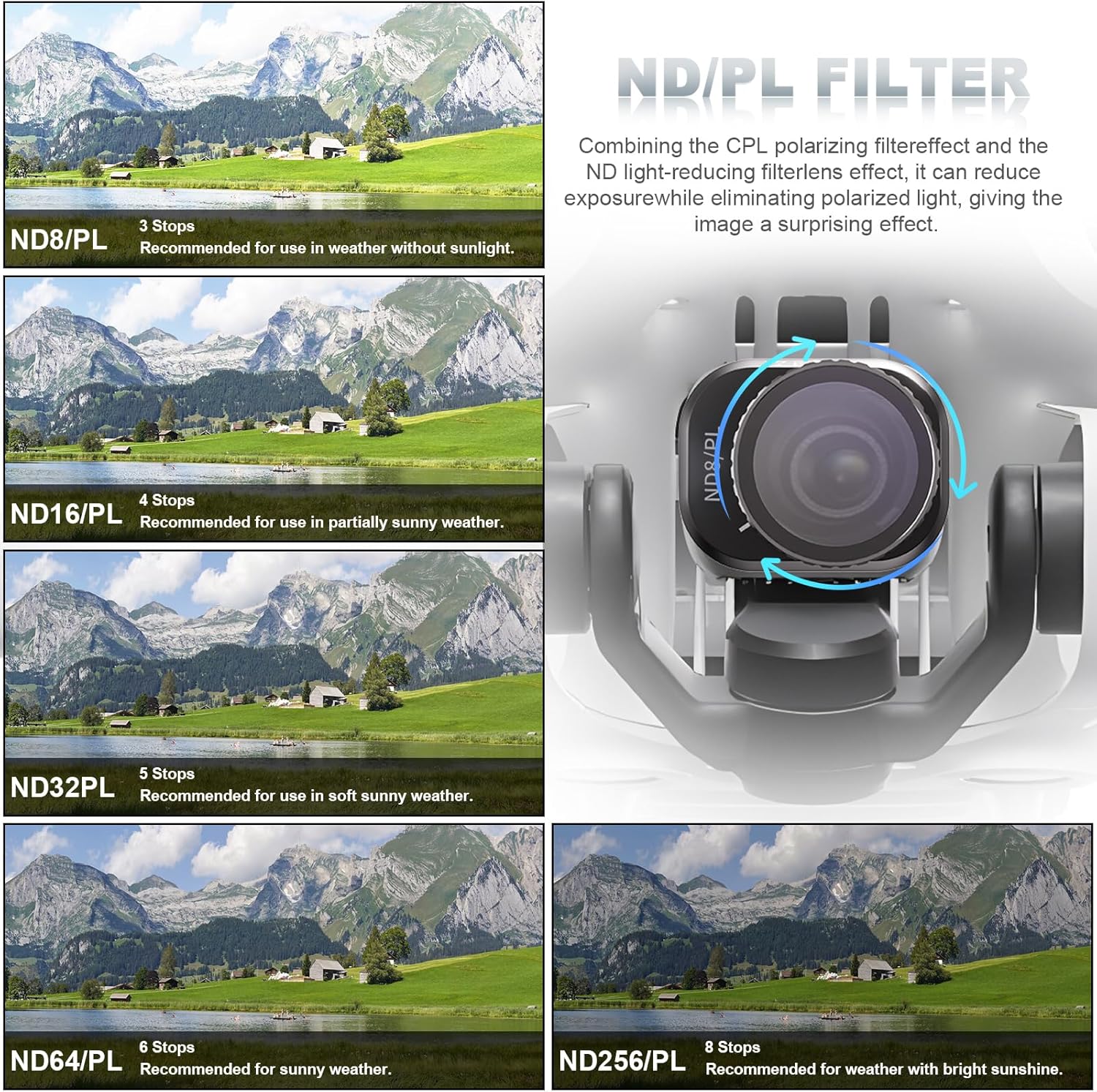 ND Filters Set for DJI Mini 4 Pro Accessories 6-Pack (CPL ND-PL8 ND-PL16 ND-PL32 ND-PL64 ND-PL256) Camera Lens ND Filters Set Compatible with DJI Mini 4 Pro Drone