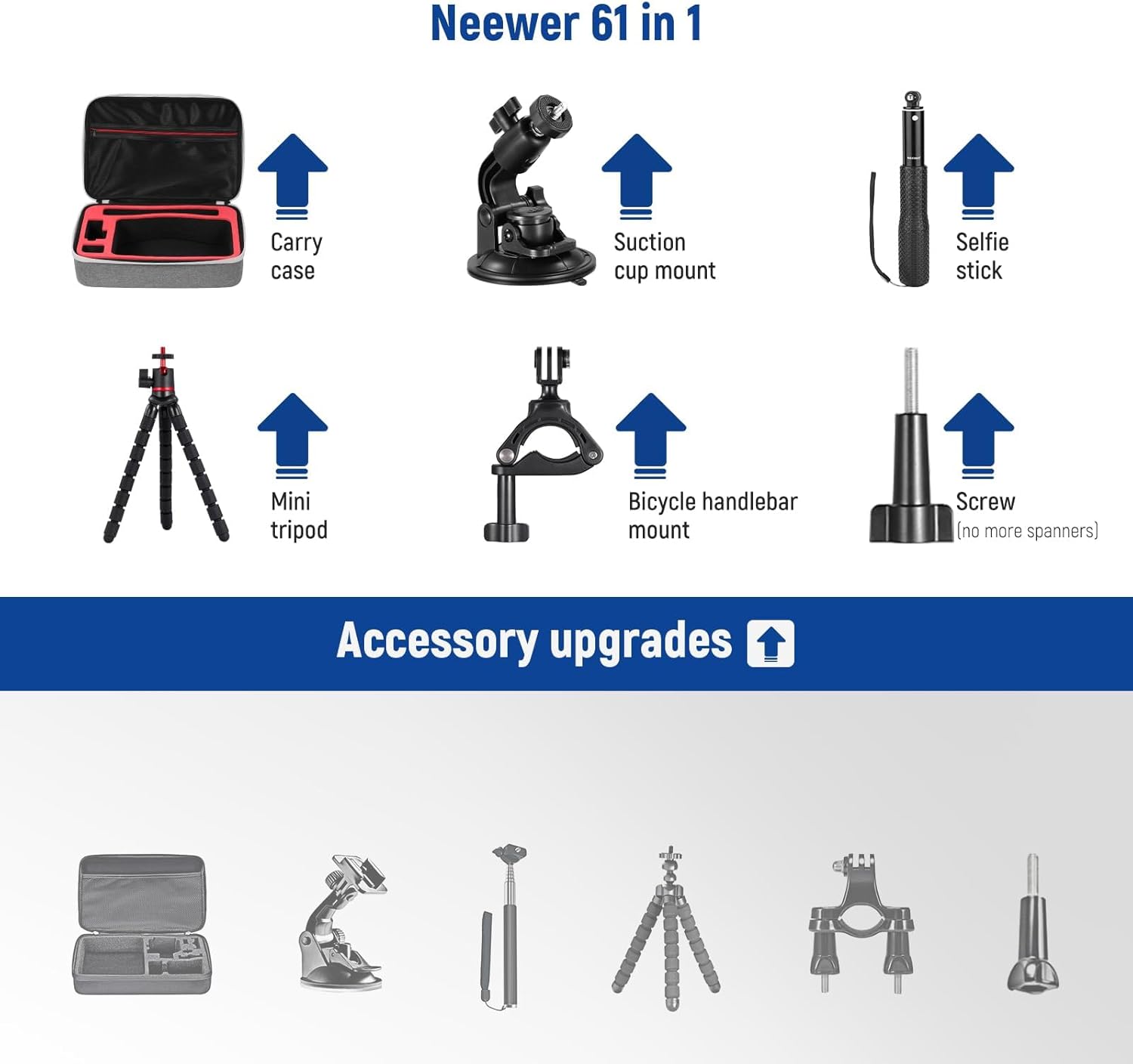 Neewer Pro Accessory Kit for GoPro Hero 12/11/10/9/8 Max Fusion DJI Osmo Action 4 3 2 Insta360 X3 X2 ONE RS GO3 GO2 AKASO APEMAN Campark SJCAM and more action cameras, Black