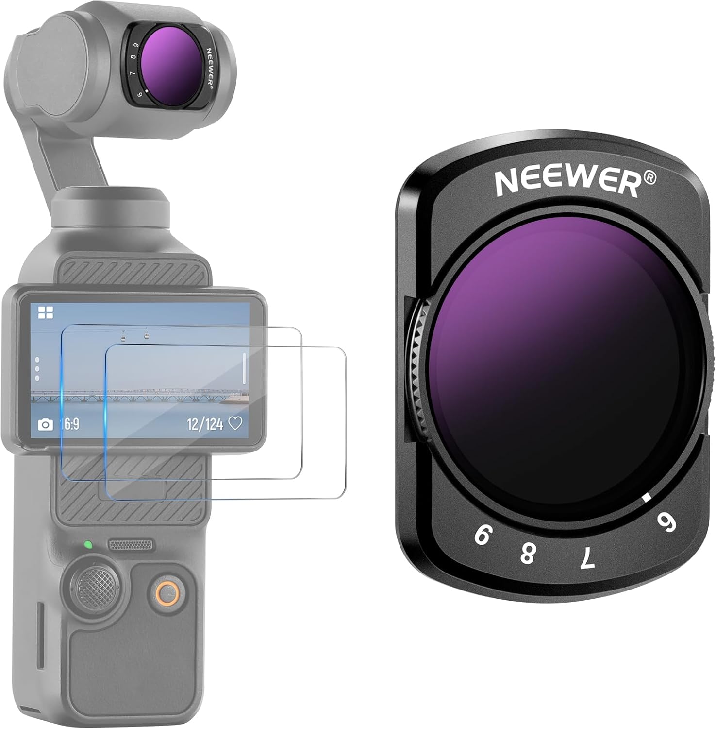 NEEWER Variable ND64-512 Filter Compatible with DJI Osmo Pocket 3, Magnetic 6-9 Limited Stops Adjustable ND Filter with HD Multi Coated Optical Glass/Aluminum Frame/2 LCD Screen Protectors