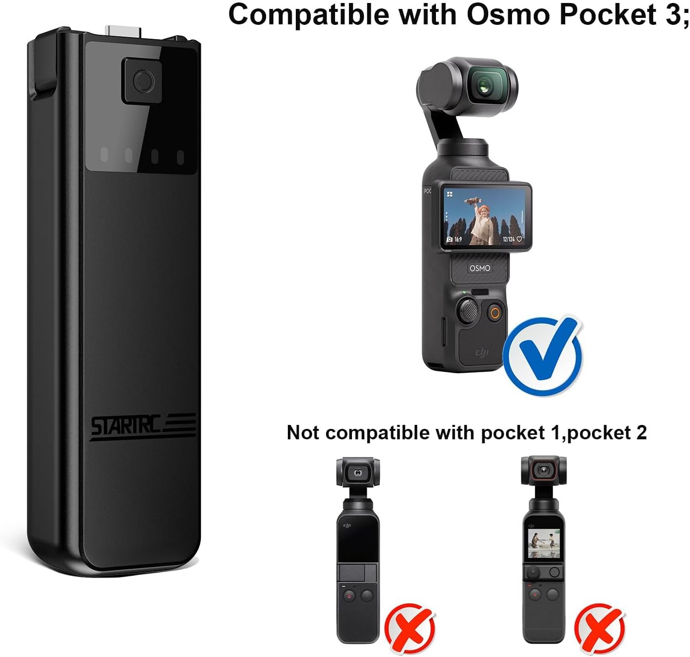 Osmo Pocket 3 Battery Handle Grip, Compatible with DJI Osmo Pocket 3, Accessory with Built-in 5000mAh Battery,1/4 Threaded Hole (Not Compatible with External Audio Devices)