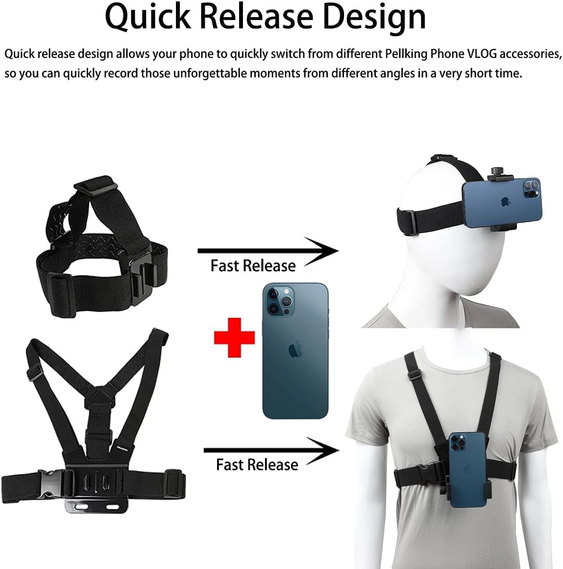 PellKing Mobile Phone Chest Strap Harness Mount Head Strap Holder Kit for POV/VLOG,Cell Phone Clip Compatible with iPhone,Samsung,GoPro Hero 9, 8,7, 6, 5, 4, 3,2, 1,AKASO,DJI Osmo,and Action Cameras…