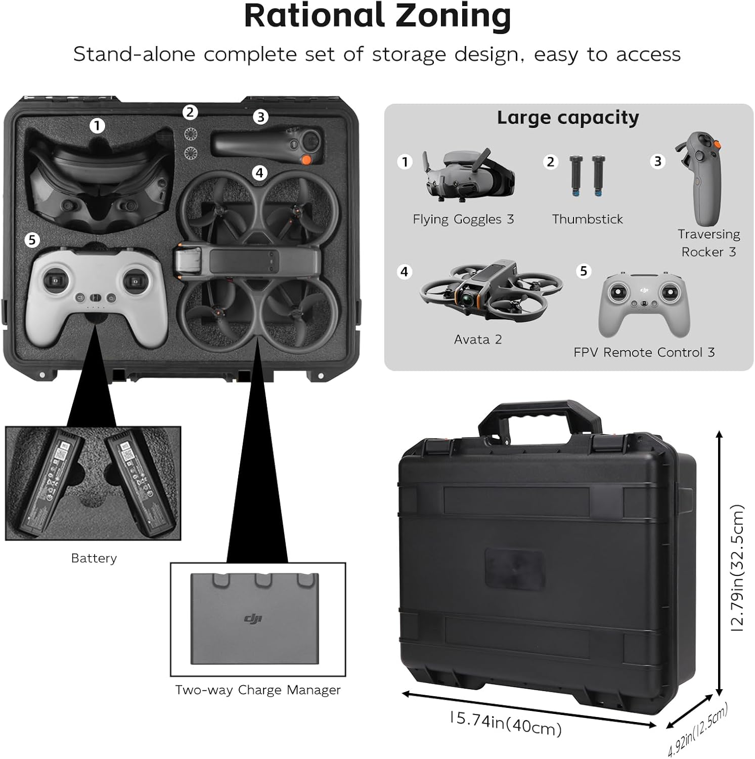 REYGEAK Avata 2 Carrying Case,Waterproof Hard Case for DJI avata 2,Avata 2 Case Bag Combo with DJI Goggles 3/RC Motion 3/FPV Remote Controller 3,Battery Charging Hub,FPV Drone Accessories