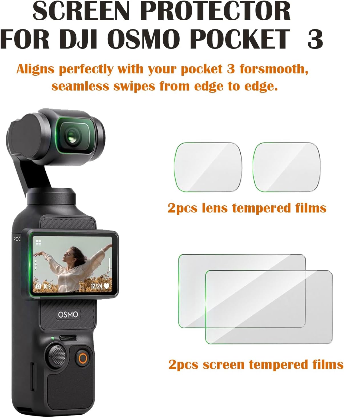 Screen Protector for DJI Osmo Pocket 3, Ultra HD, 9H Hardness, Scratch Resistant, Tempered Glass LCD Display Film, 2 Lens Protector + 2 LCD Screen Protector