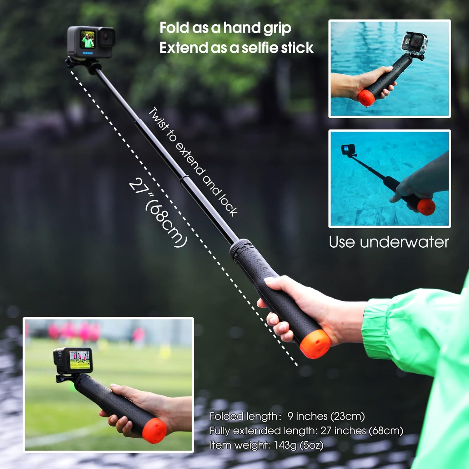 SOONSUN 4in1 Floating Selfie Stick for GoPro Hero 13, 12, 11, 10, 9, 8, 7, 6, 5, 4, 3, Max, Fusion, Session, DJI OSMO, AKASO, Insta360 - As Floating Handle, Extendable Monopod, Hand Grip, Tripod Stand