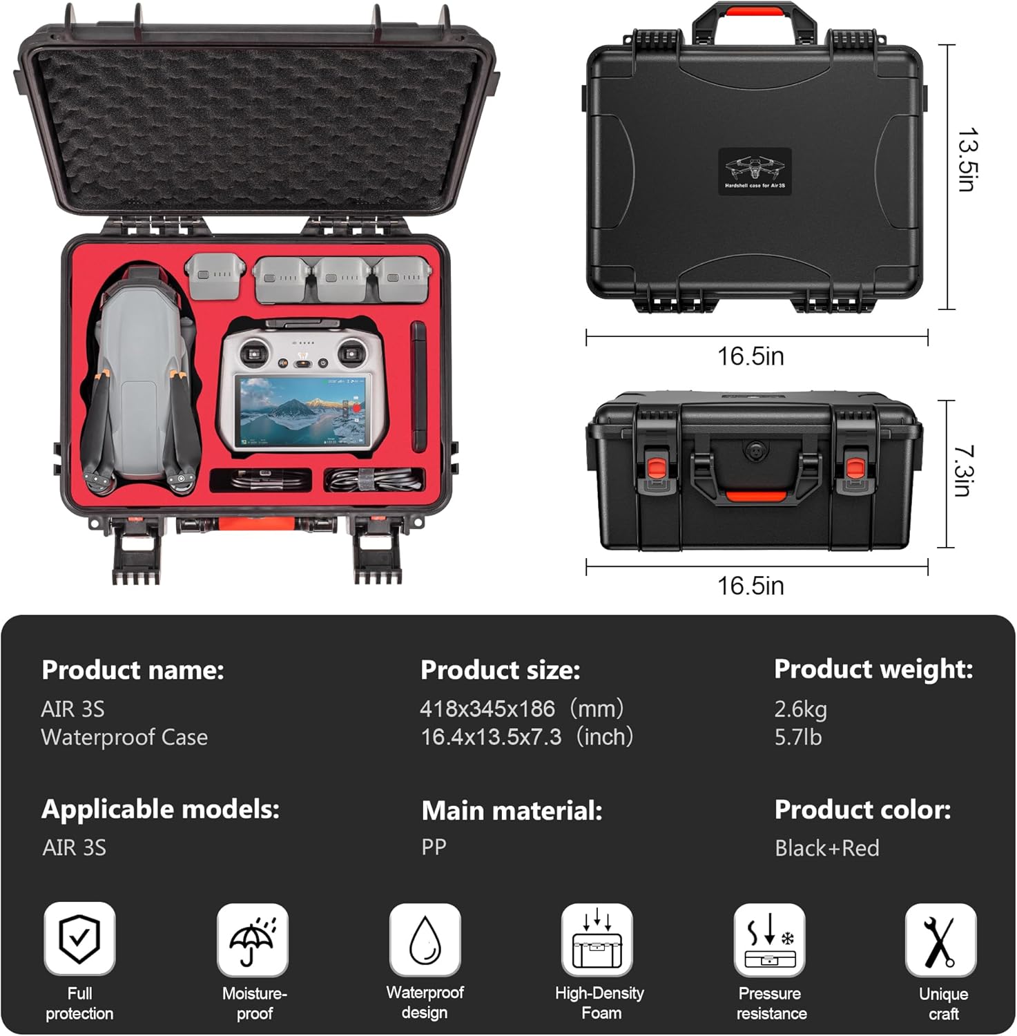 STARTRC Air 3S Case, Waterproof Carrying Hard Case for DJI Air 3S Fly More Combo, Compatible with DJI Air 3S Accessories, RC 2/RC/RC-N3/N2 Controller,Charging Hub