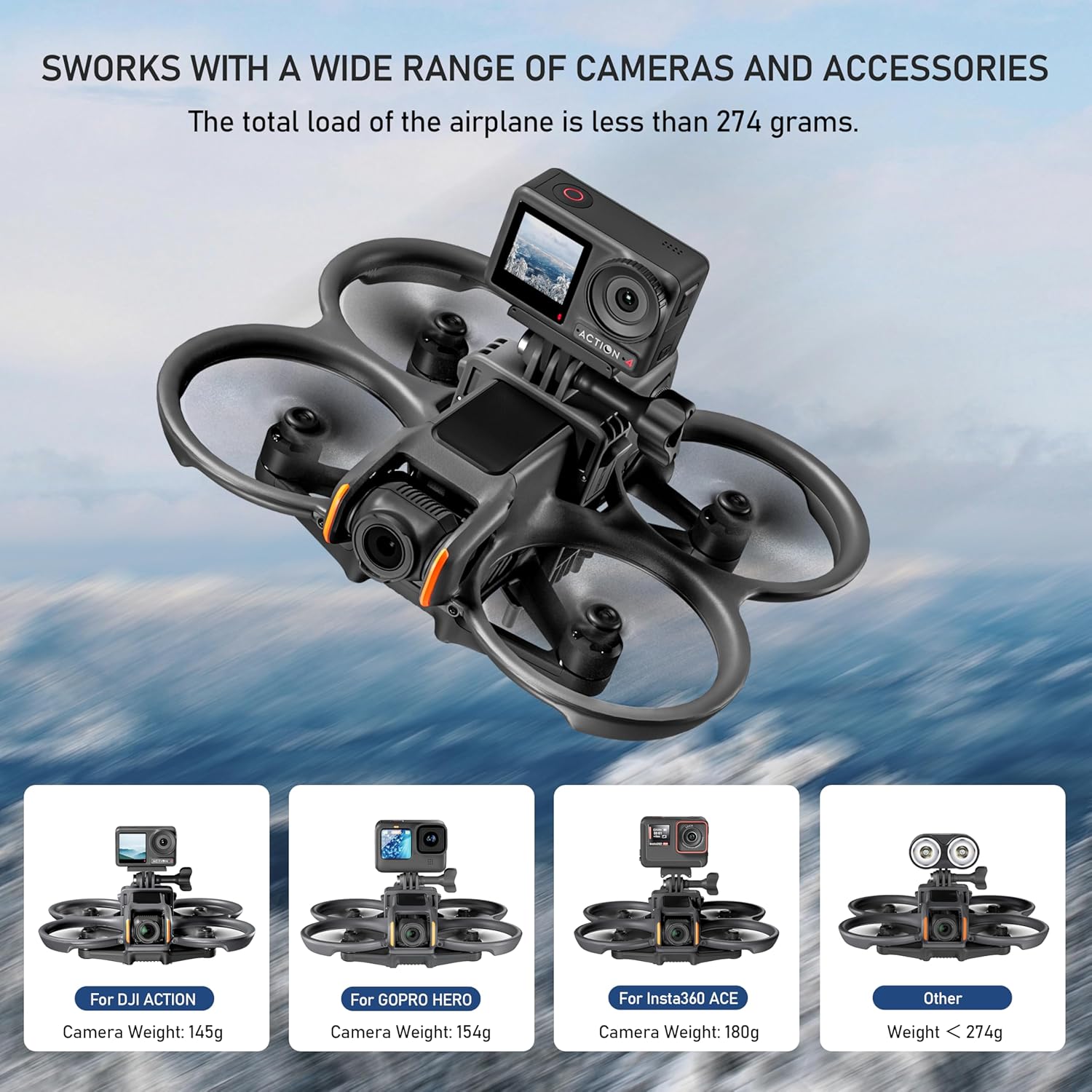 STARTRC Avata 2 Camera Extended Mount for DJI Avata 2 /Action5 pro,for Gopro,for Insta360 X4/X3/Ace Pro, Multi-Functional Sports Camera Holder Accessories