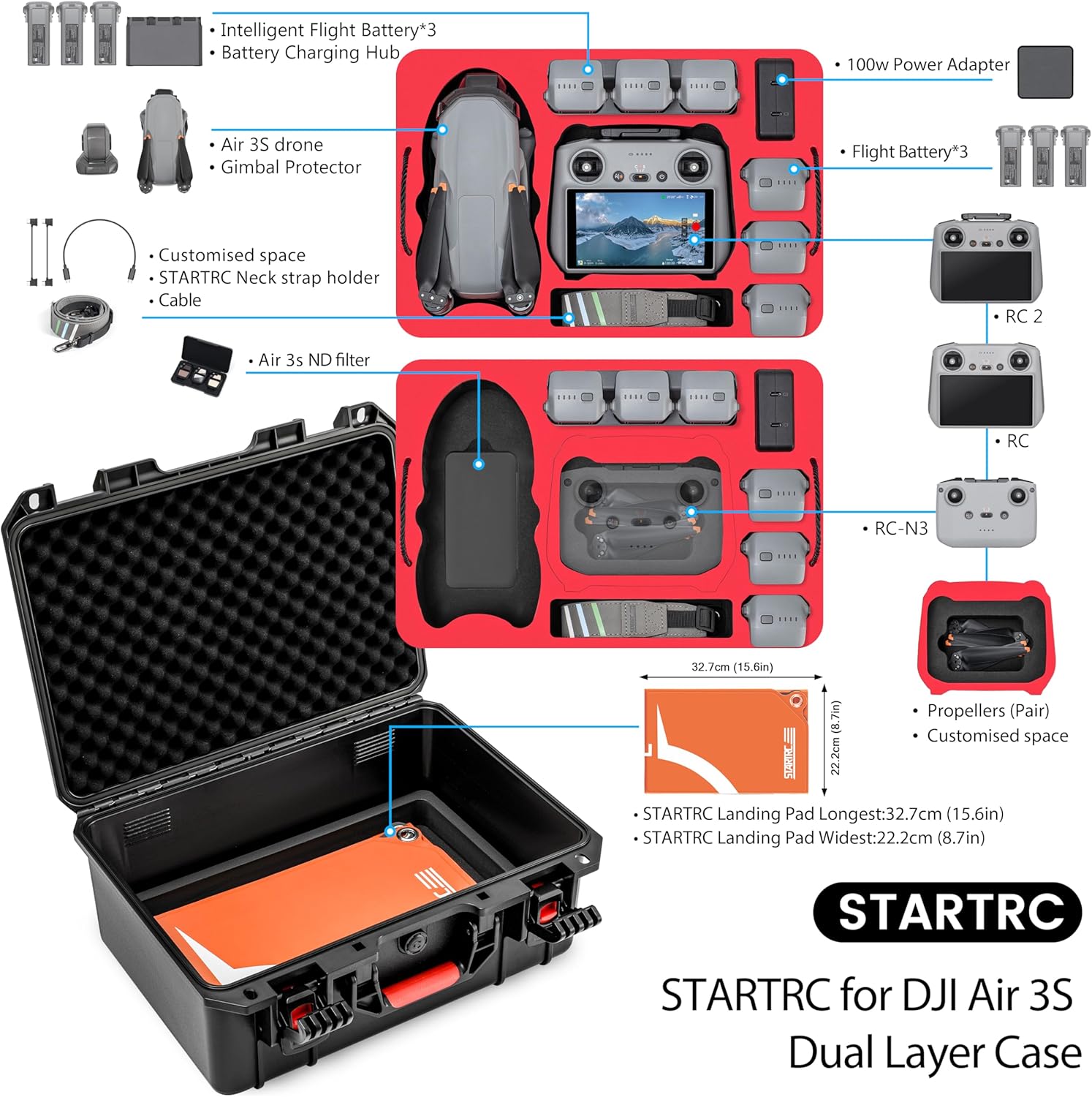 STARTRC Dual Layer Air 3S Case,Waterproof Carrying Hard Case Air 3S Fly More Combo, RC 2/RC/RC-N3 Controller for DJI Air 3S Accessories,Battery and Charging Hub