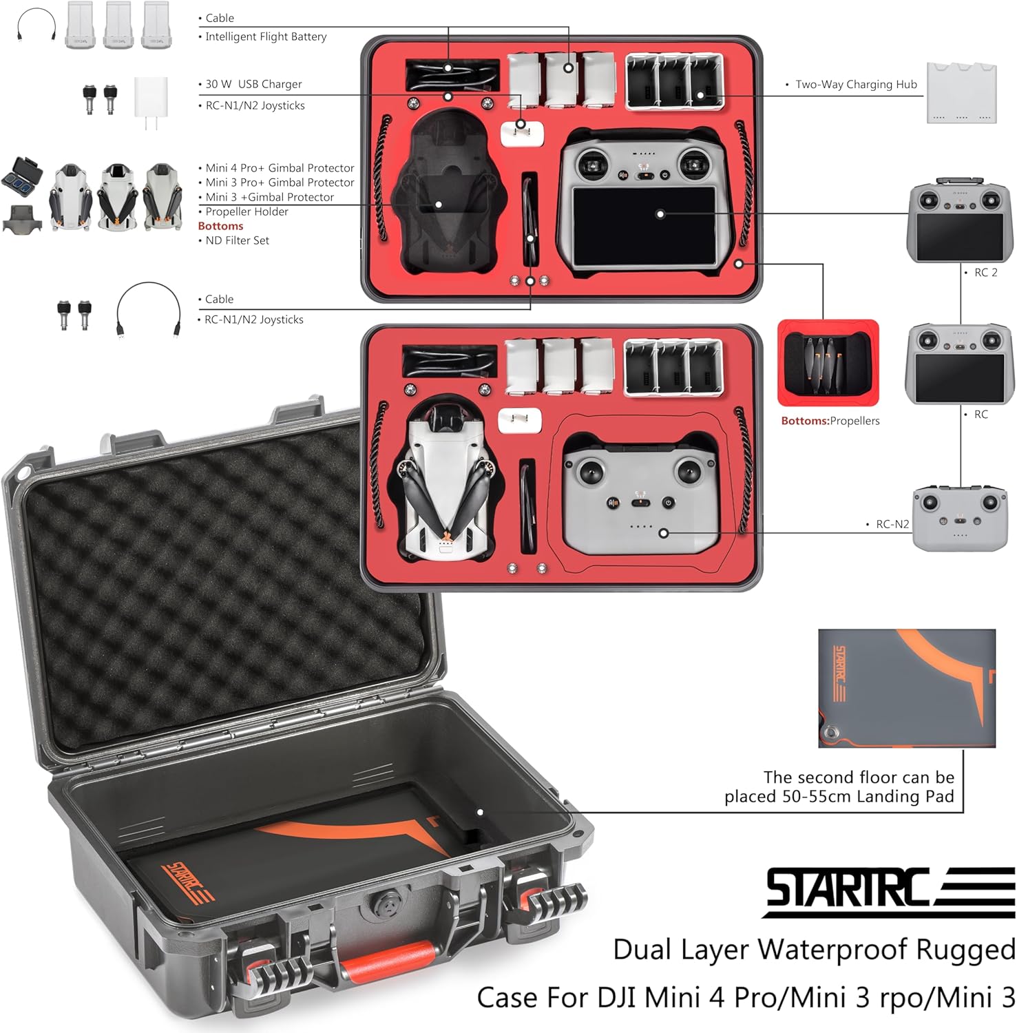 STARTRC Landing Gear Dual Layer Hard Case for DJI Mini 4 Pro Waterproof Pressure Resistant Carrying Case for DJI Mini 4 Pro/Mini 3 pro/Mini 3 Accessories - Fits For DJI RC 2/RC-N2 Controller