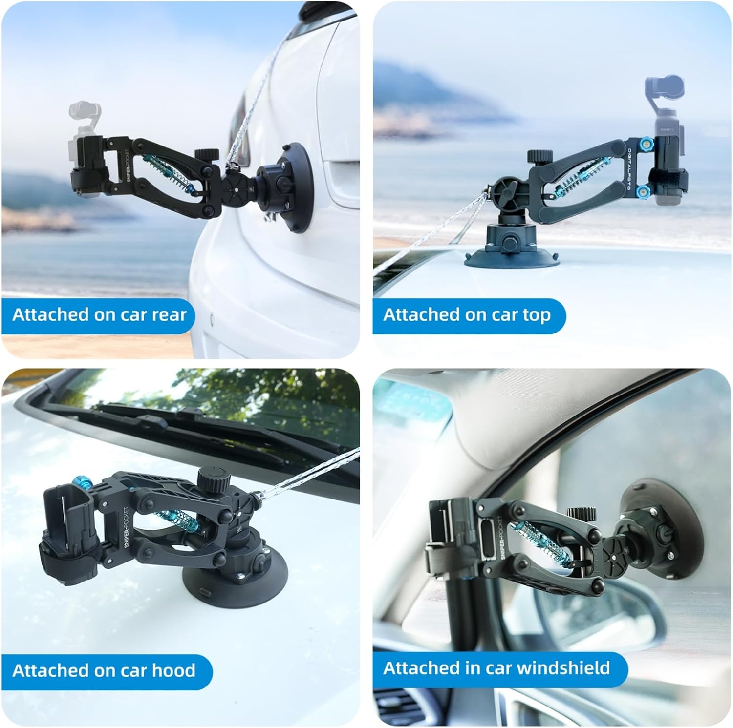 Suction Cup Mount for Osmo Pocket 3, Z Axis Car Damping Spring Arm with Safety Harness, Compatible with DJI Osmo Pocket/Insta360/Gopro Action Camera, Car Windshield Window Vehicle Camera Holder