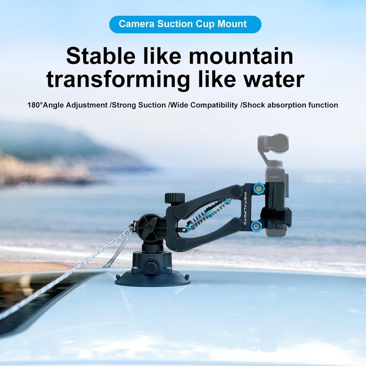 Suction Cup Mount for Osmo Pocket 3, Z Axis Car Damping Spring Arm with Safety Harness, Compatible with DJI Osmo Pocket/Insta360/Gopro Action Camera, Car Windshield Window Vehicle Camera Holder