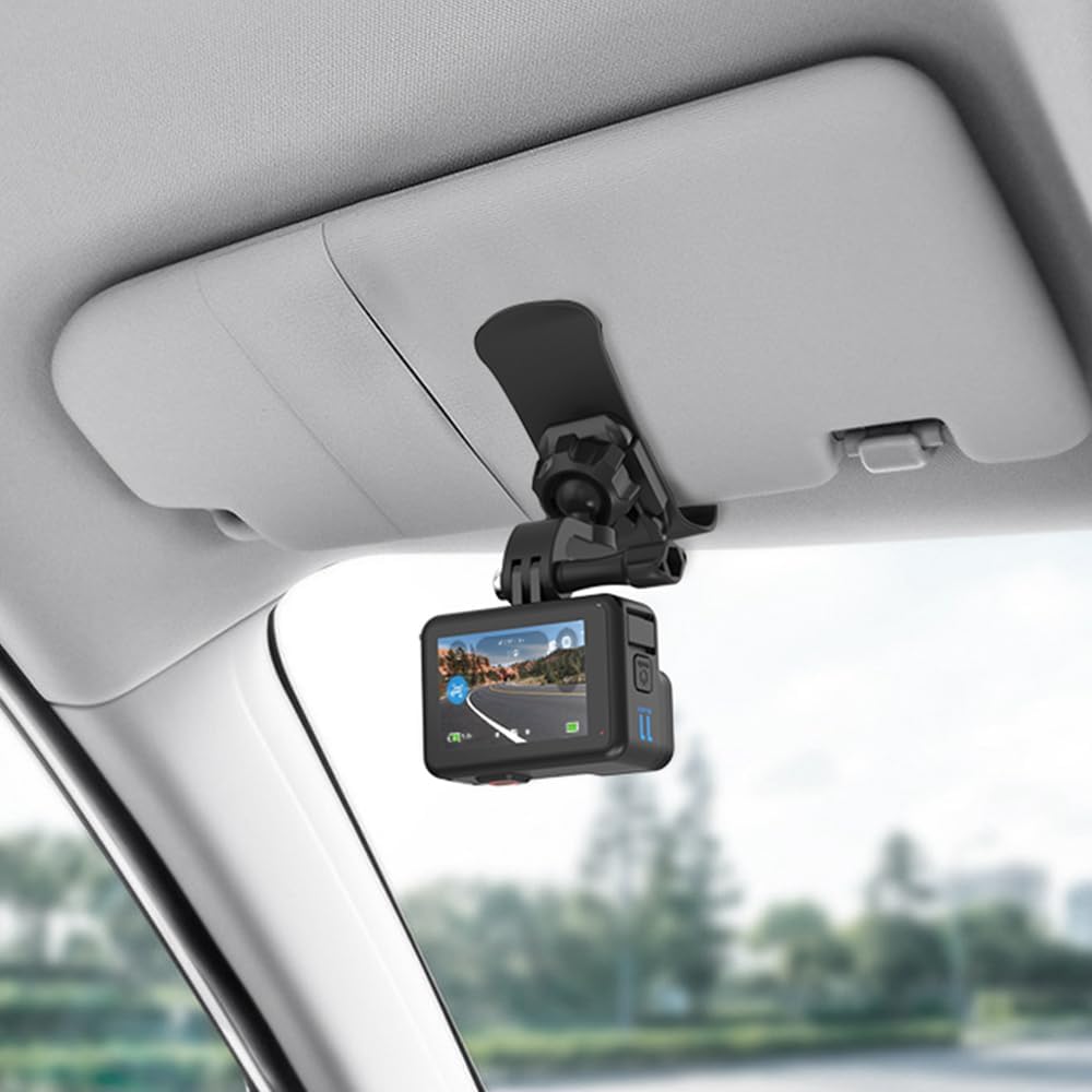 SUREWO Car Sun Visor Mount, Quick Clip Sun Visor Mount with Universal Ball J Hook Compatible with GoPro Hero 13 12 11 10 9 8 7 6 5 Black,DJI Osmo Action 5 pro/4/3,AKASO and More