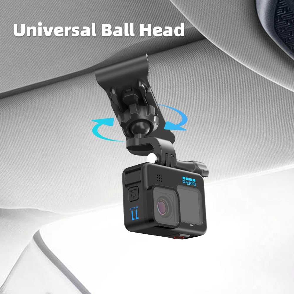 SUREWO Car Sun Visor Mount, Quick Clip Sun Visor Mount with Universal Ball J Hook Compatible with GoPro Hero 13 12 11 10 9 8 7 6 5 Black,DJI Osmo Action 5 pro/4/3,AKASO and More