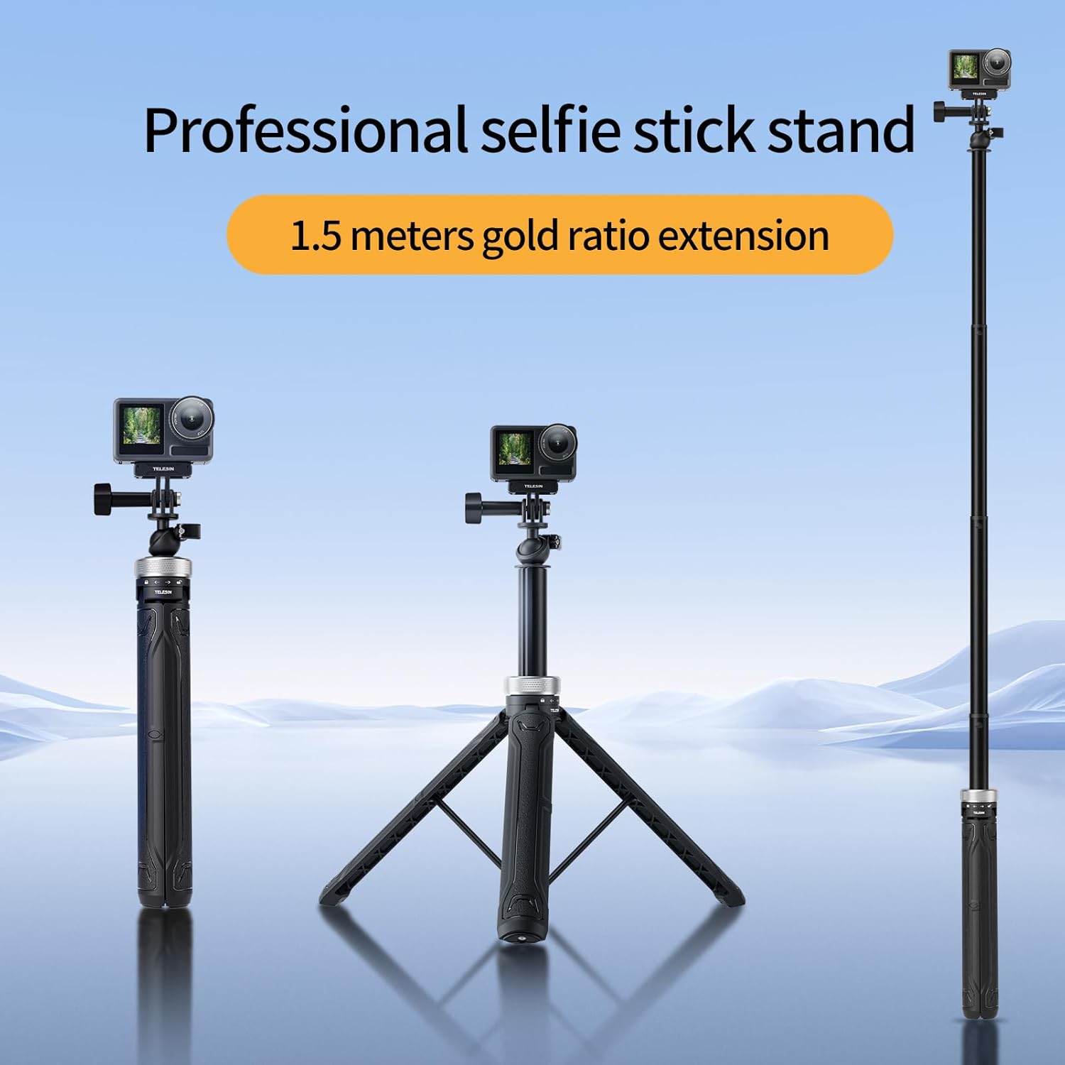 TELESIN 59 360 Selfie Stick with Tripod Stand POV Extension Pole Monopod for GoPro Max Hero 13 12 11 10 9 8 7 6 5 Insta360 X3 X4 Go3 Ace Pro DJI Action 3 4 Osmo Pocket 3 Accessories