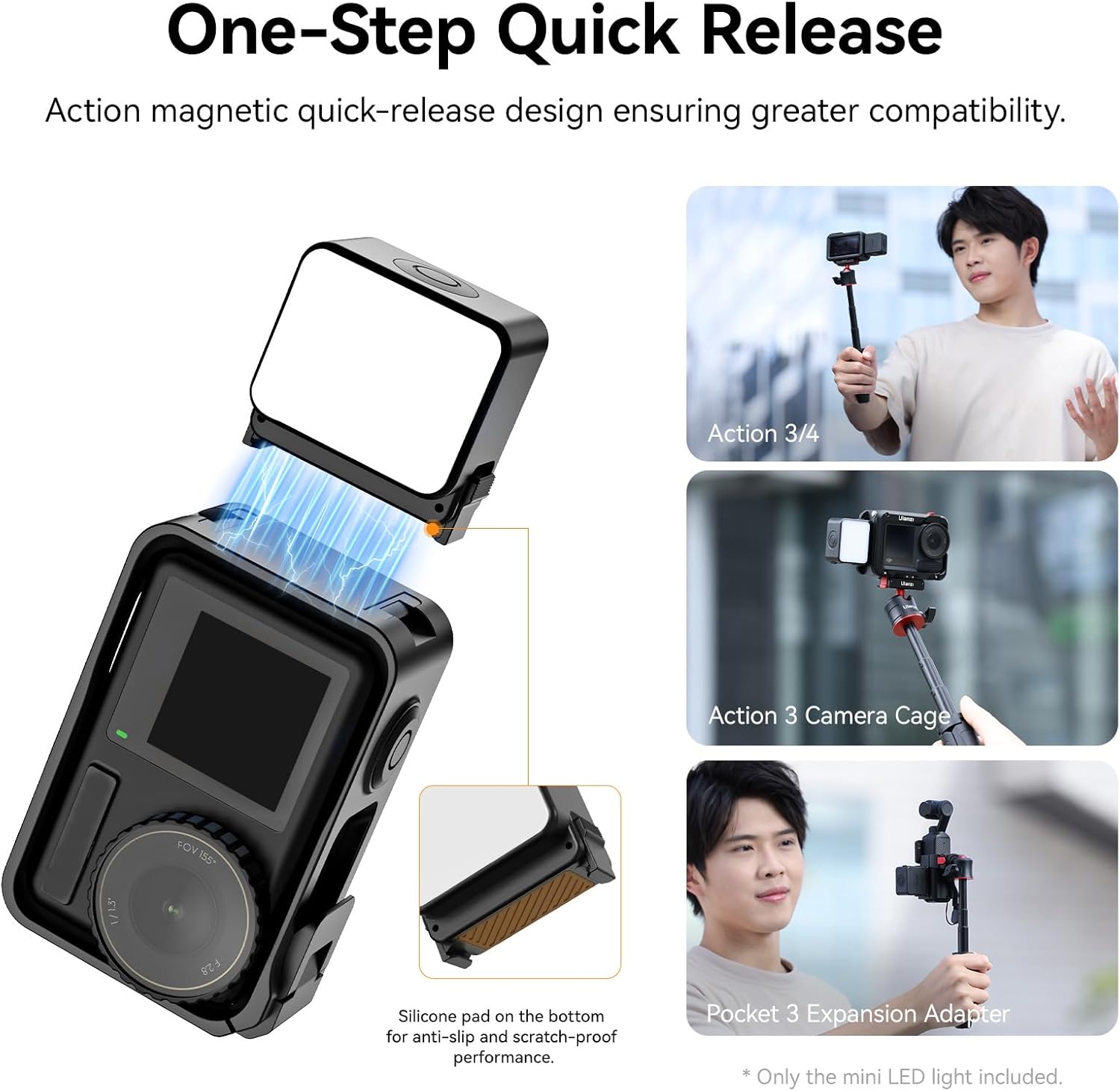 ULANZI LM18 Vlogging Light Mini LED Action Camera Video Light Magnetic Photography Lighting for DJI Osmo Action 3/4 Camera Cage Accessories and Ulanzi PK-06 Pocket 3/4 Expansion Adapter