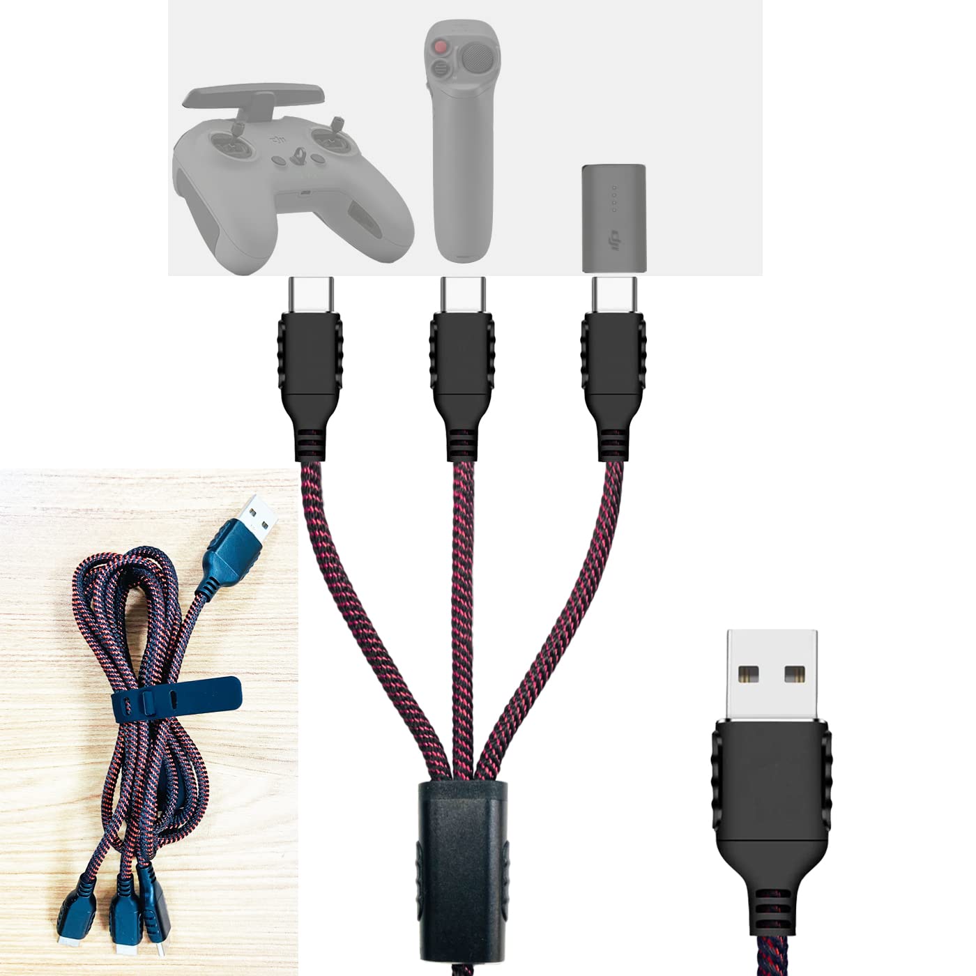 3 in 1 USB to Type C Charging Power Cable for DJI FPV Drone Accessories, Remote Controller Motion Controller Battery Power Cable_47.2 inch