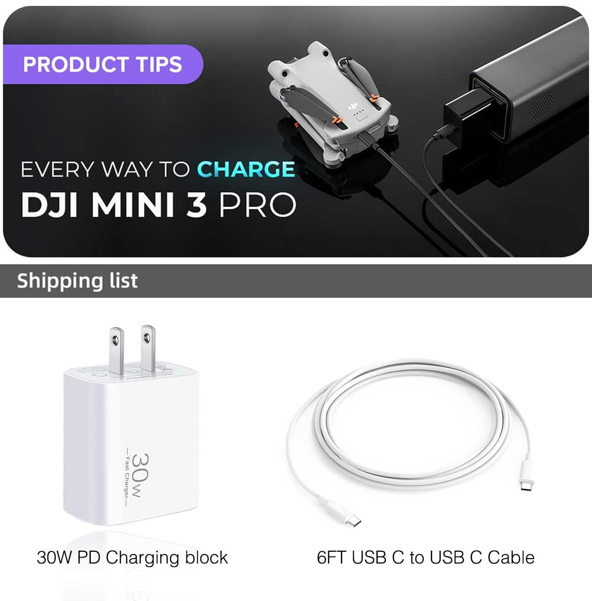 30W Drone Power Adapter Charger Cable for DJI Mini 4 Pro, Mini 3 Pro, Mini 3, Two-Way Charging Hub, Mini SE, Mini 2, Avata 2, RC Controller, RS 3 Pro, RS 3, RSC 2, FPV USB C Charging Cord Accessories