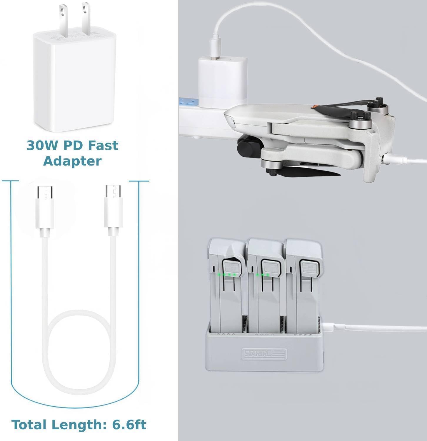 30W USB-C Charger for DJI, 6.6Ft Fast Charging Power Adapter (for Mini 4 Pro Two-Way Charging Hub, Mini 4 Pro, Mini, Mini 2, Mini 2 SE, Mini 3, Mini 4, Mavic Mini, Osmo Pocket 3, Osmo Action 4)