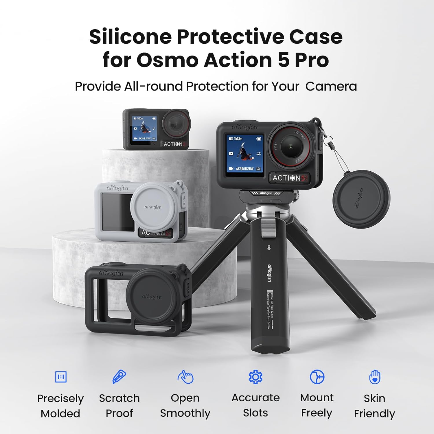 aMigisn Silicone Cover for DJI Action5 Pro, Protective Case Accessories for OSMO Action 5 Pro/Action 4/Action 3, Silicone case/Lost-Proof Strap/Neck Strap/Lens Cap-4in1 Set (Black)