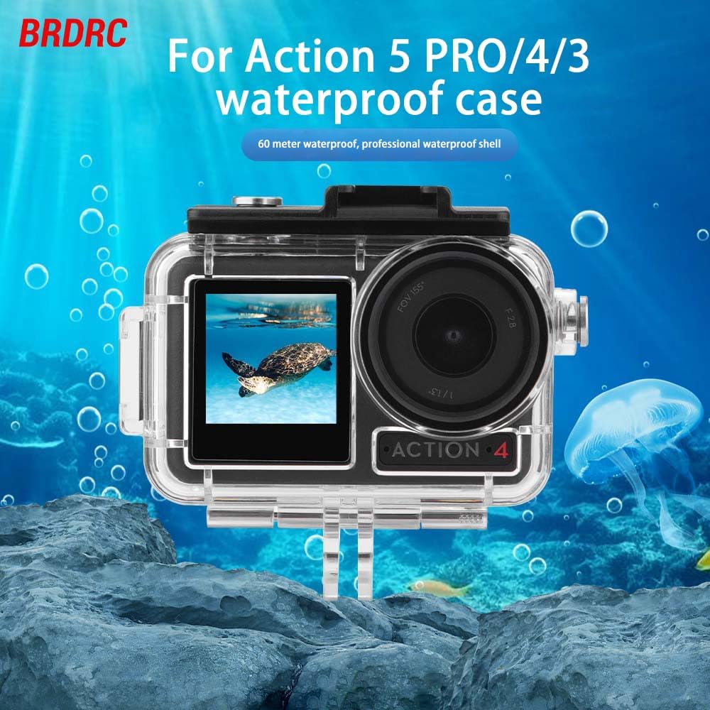 BRDRC for DJI OSMO Action 5 Pro Waterproof case，with Anti-Fog 60M Diving Housing Protective Shell Underwater Accessories Kit for Action 4 / Action 3 with Quick Release Screw