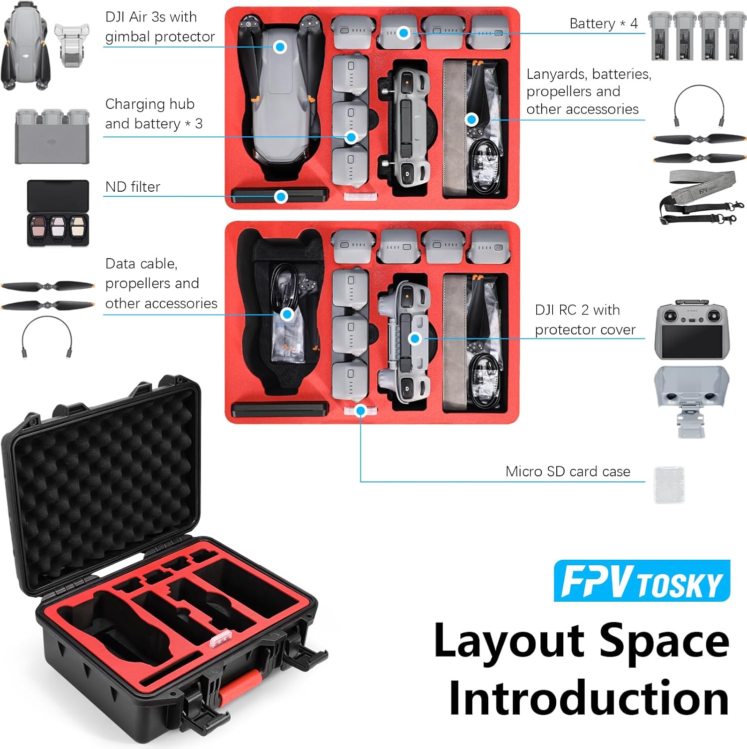 FPVtosky Hard Case for DJI Air 3S Drone/Fly More Combo, Waterproof Air 3S Air 3 Hard Shell Carrying Case Accessories, Compatible with DJI RC2/ RC-N3/ RC Pro, Up to 8 Batteries