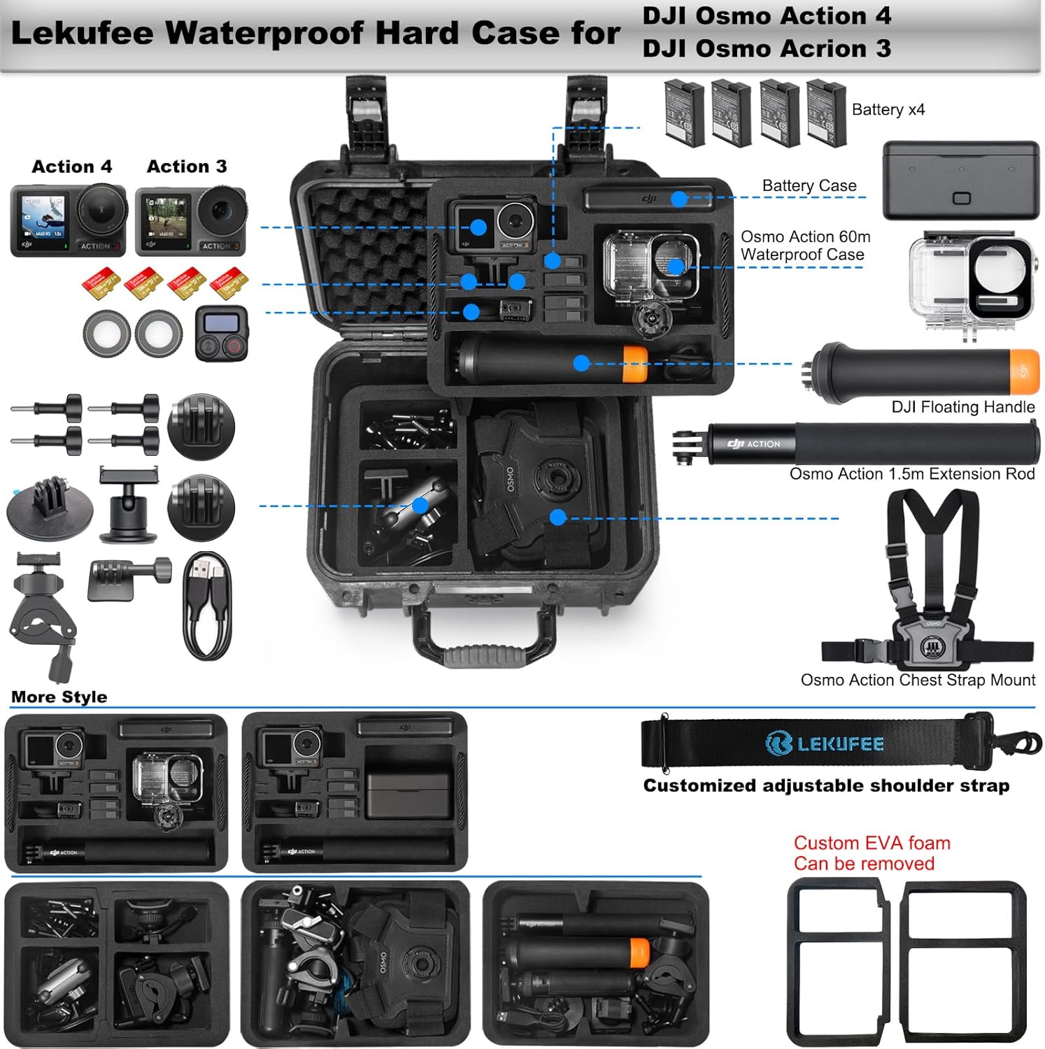 Lekufee Portable Waterproof Hard Case Compatible with DJI Osmo Action 5 Pro,Osmo Action 4,Osmo Action 3 Camera,Adventure Combo,Standard Combo and More Accessories(Case Only)