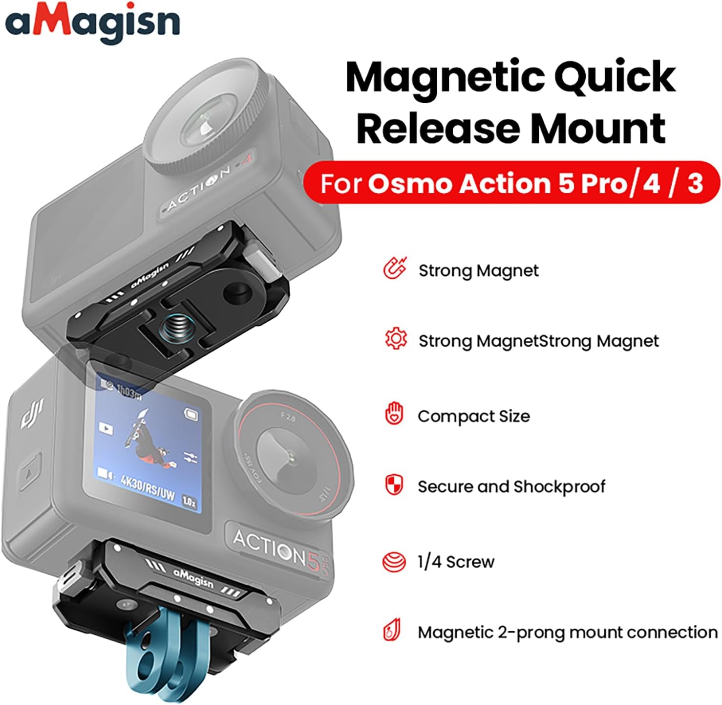 Magnetic Quick Release Mount for DJI Osmo Action 5 pro / 4/3, Aluminum Alloy Construction, Ultra-Lightweight Mount, Outdoor Adventure Seekers, Sports Enthusiasts, Vloggers