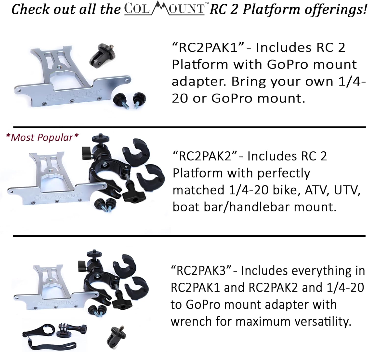 Mount Platform for DJI RC 2 Controller for Mini 4 Pro and Air 3/3S as Bike Mount, Boat, Motorcycle, ATV, and Tripod Mount with Male 1/4-20 Adapter Compatible with GoPro Mounts - RC2PAK1