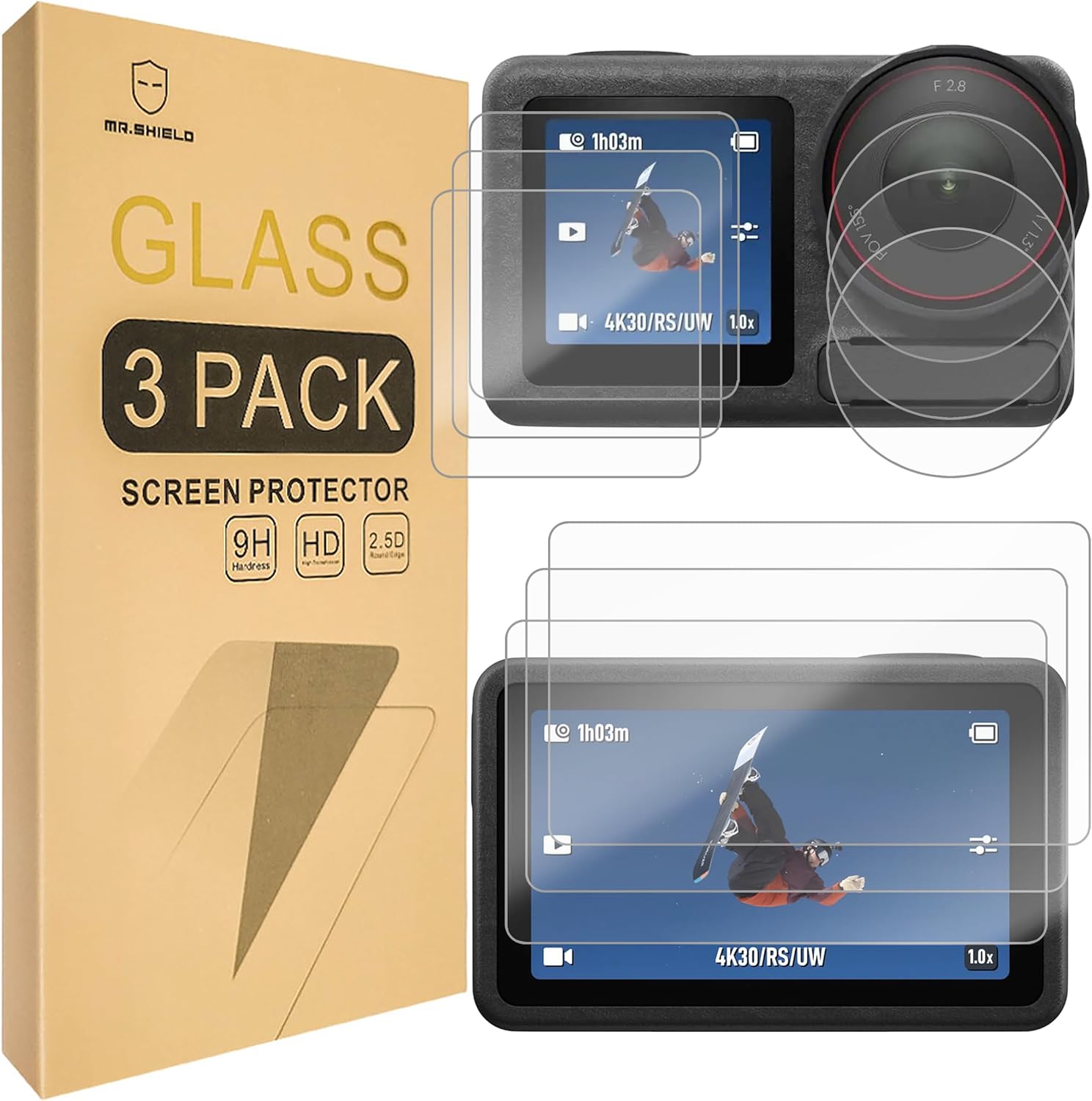 Mr.Shield [Back+Lens+Front] 3-Pack [9 Pcs] Screen Protector For DJI OSMO Action 5 Pro [Tempered Glass] [Japan Glass with 9H Hardness] Screen Protector