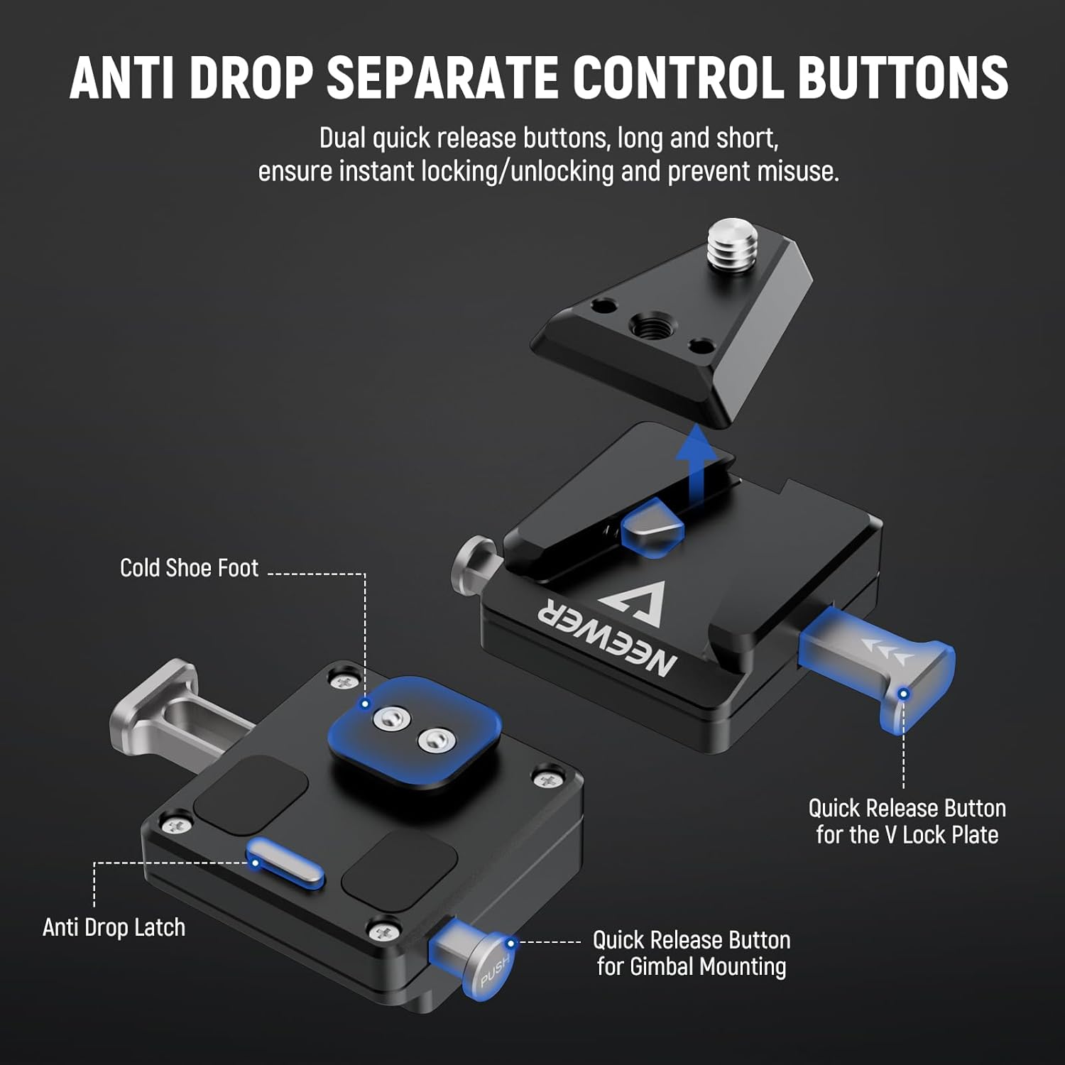 NEEWER Mini V Mount Battery Plate Compatible with DJI RS4 Pro RS3 Pro RS2 RSC2 Gimbal, Quick Release Anti Drop for V Lock  NP-F Battery Compatible with SmallRig V Mount Battery NEEWER PS099E, GA009