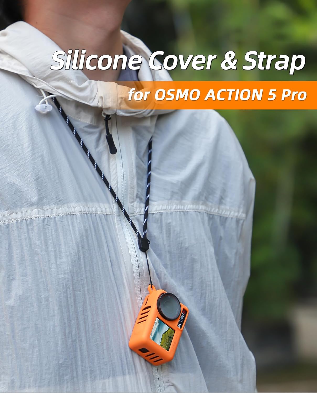 Silicone Cover  Strap for DJI OSMO Action 5 Pro - Adjustable Neck Strap for osmo Action 5 pro Accessories, Compatible with Lens Cover (Orange+Lens Cap+Steel Film)