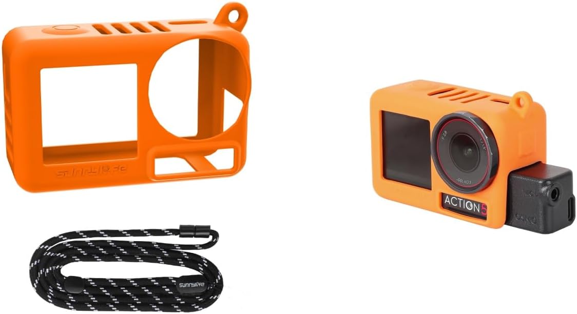 Silicone Cover  Strap + Tempered Steel Film for DJI OSMO Action 5 Pro Camera, Multi-Color, Neck Strap, Lanyard, Lens Cover for OSMO Action 5 Pro Accessories (Orange)