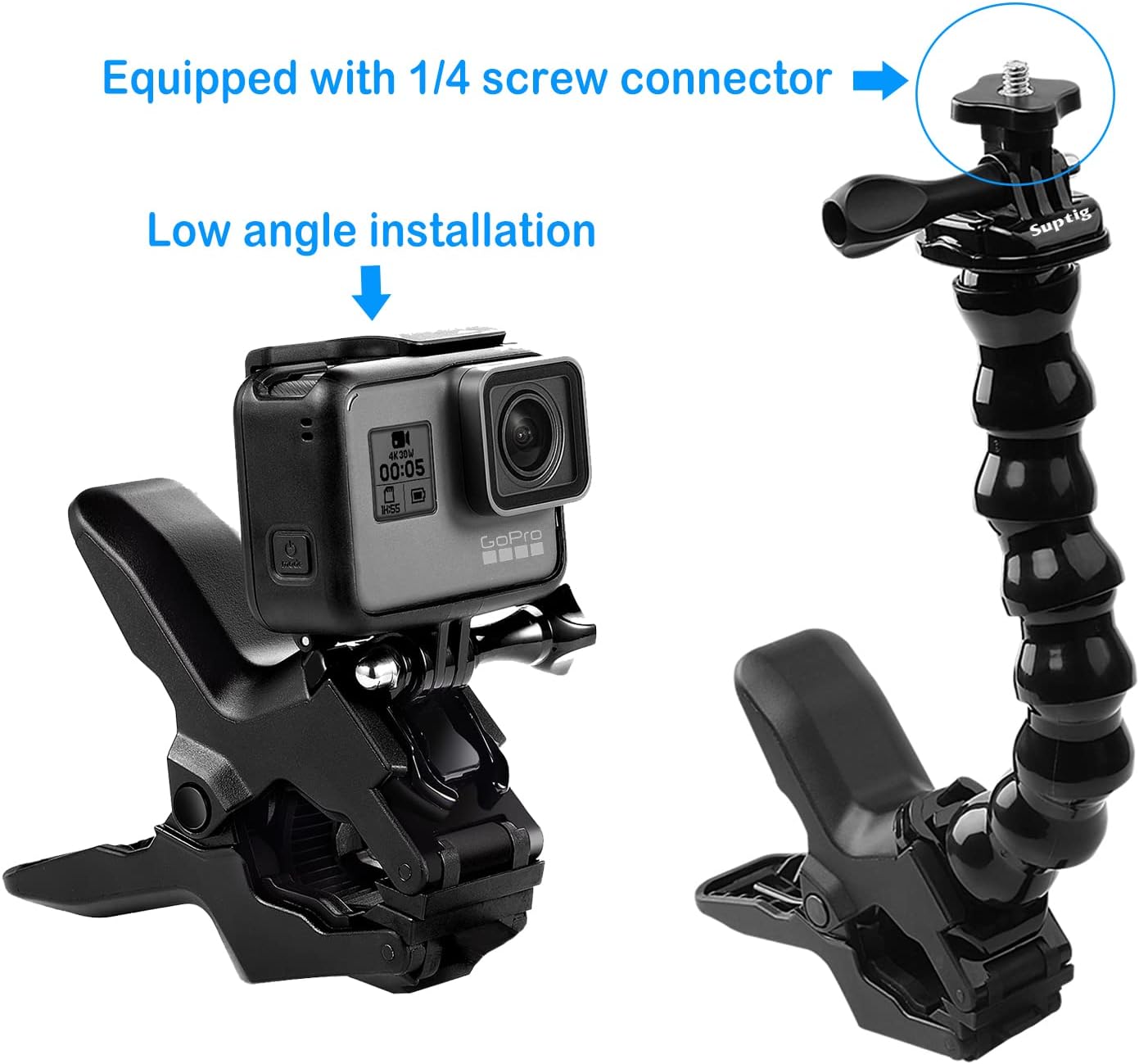 Suptig Jaws Flex Clamp Mount Gooseneck Mount for GoPro Hero 13 Hero 12 Hero 11 Hero 10 Hero 9 Hero 8 Hero 7 Hero 6 Hero 5 Hero 4 Session Hero 3+ Hero 3 Akaso EK7000 DJI osmo Arlo Action Cameras