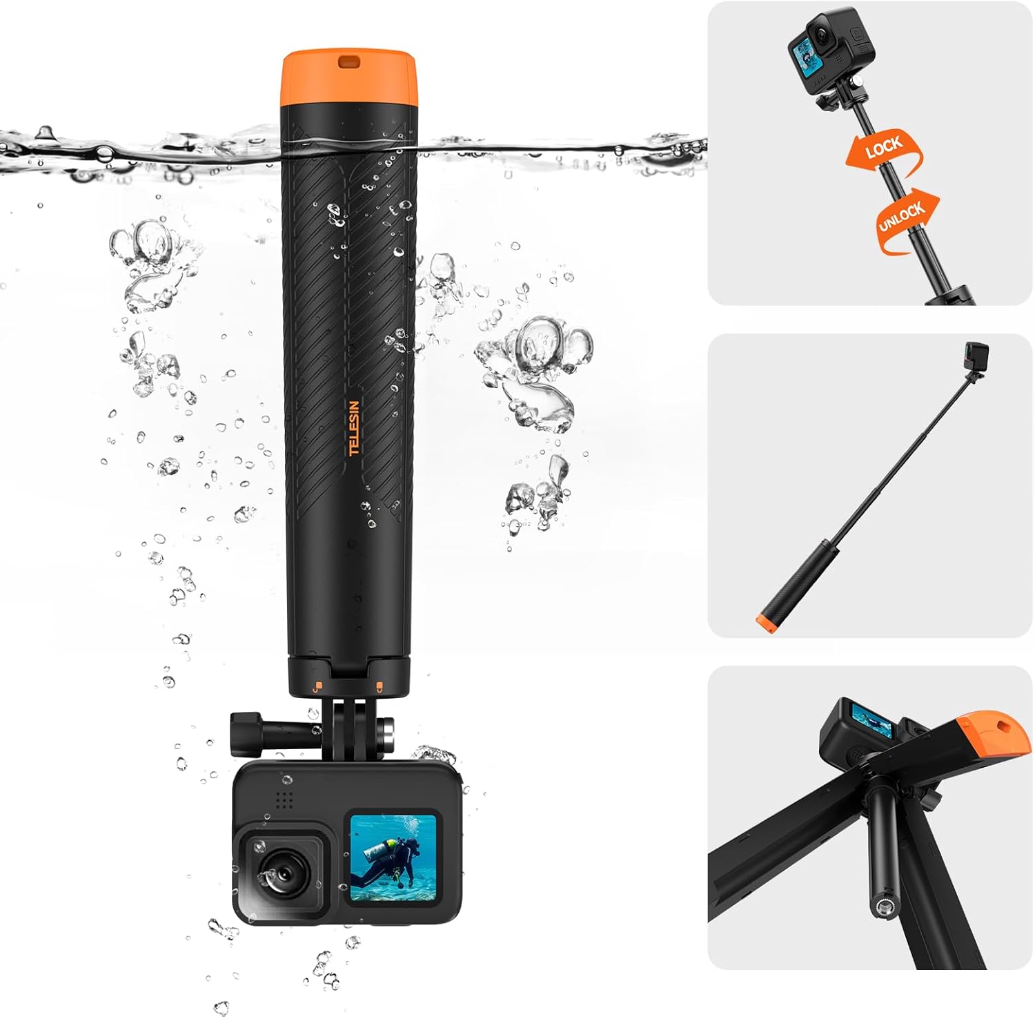 TELESIN°4 in 1 Selfie Stick Floating Hand Grip Tripod Waterproof Extendable Selfie Monopod for GoPro Hero 13, 12, 11, 10, 9, 8, DJI OSMO Action 5 Pro 4/3、Insta360 Ace Pro 2 and Most Action Camera