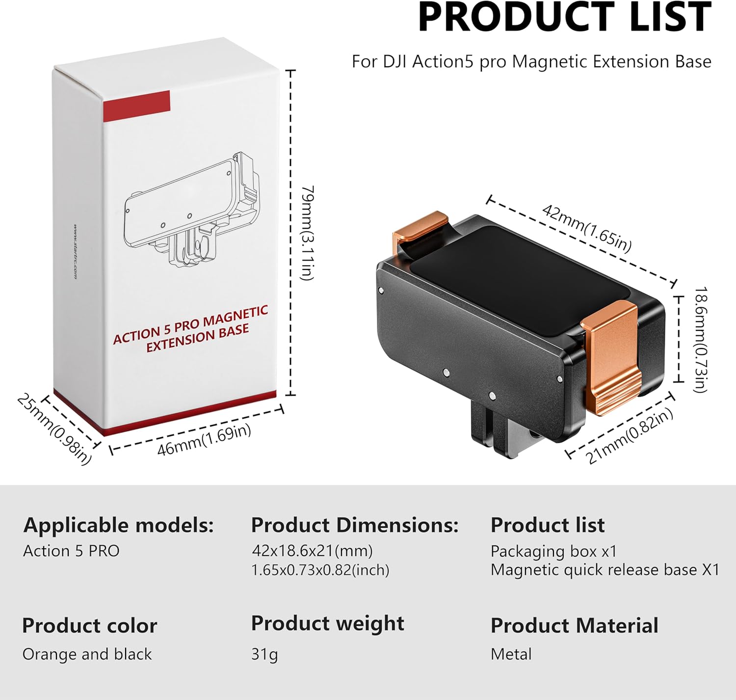 Tomat Action 5 Pro Magnetic Adapter Mount for DJI Osmo Action 5 Pro/Action 4/Action 3 Quick Release Adapter with Connection Adapter Extension Base Accessories