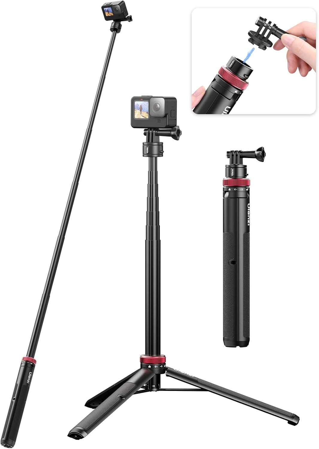 57in Selfie Stick Tripod for Action Cameras - ULANZI Go Quick II Extendable Tripod Stand Magnetic Suction Quick Release Vlog Accessories Handle for Action Cameras