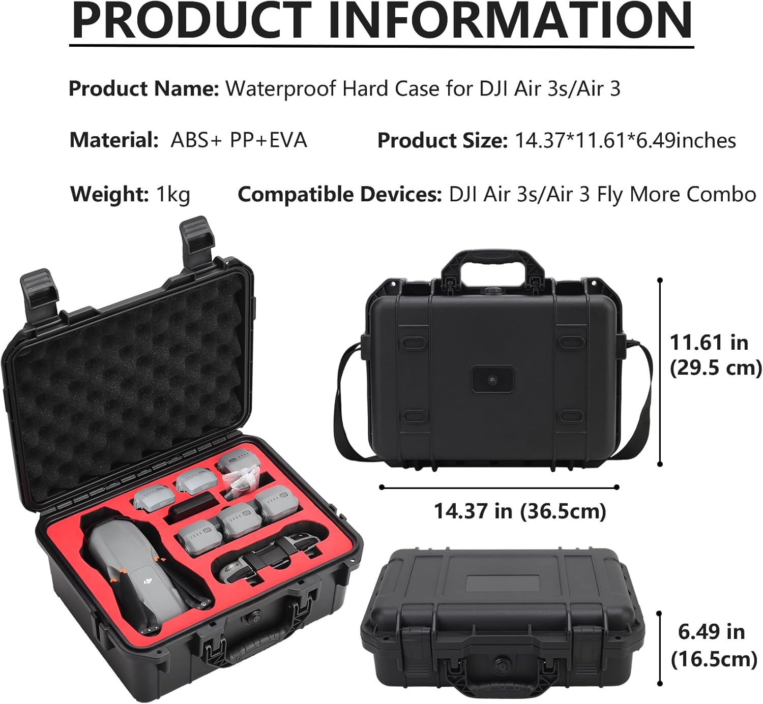 Air 3S Case,Waterproof Hard Travel Carrying Case for DJI Air 3S / Air 3 Fly More Combo,RC 2/ RC-N2 Remote Controller,Intelligent Flight Battery,Charging Hub and Other Accessories