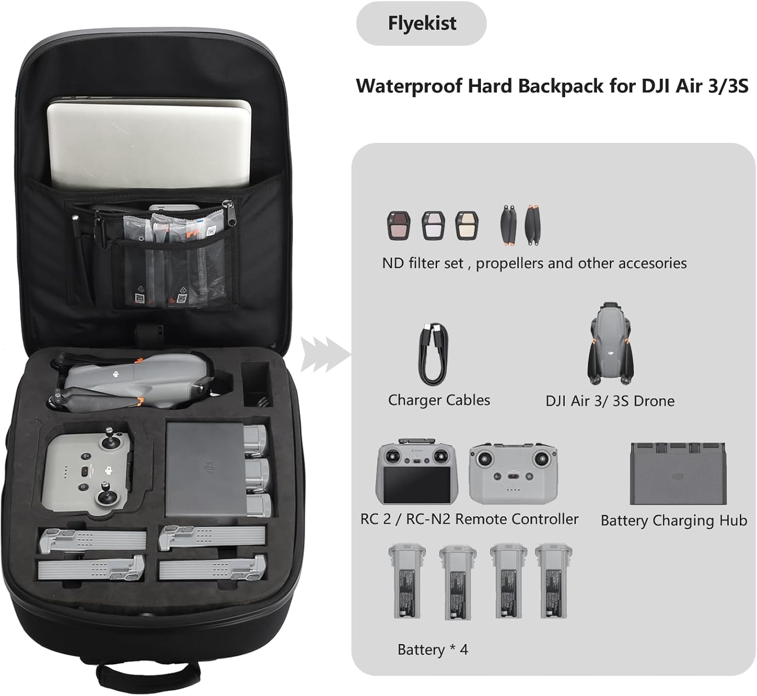 Carrying Case for DJI Air 3S / Air 3,Waterproof Hard Backpack for DJI Air 3S / Air 3 Fly More Combo,RC 2/RC-N2 Remote Controller,Intelligent Flight Battery,Charging Hub and Other Accessories