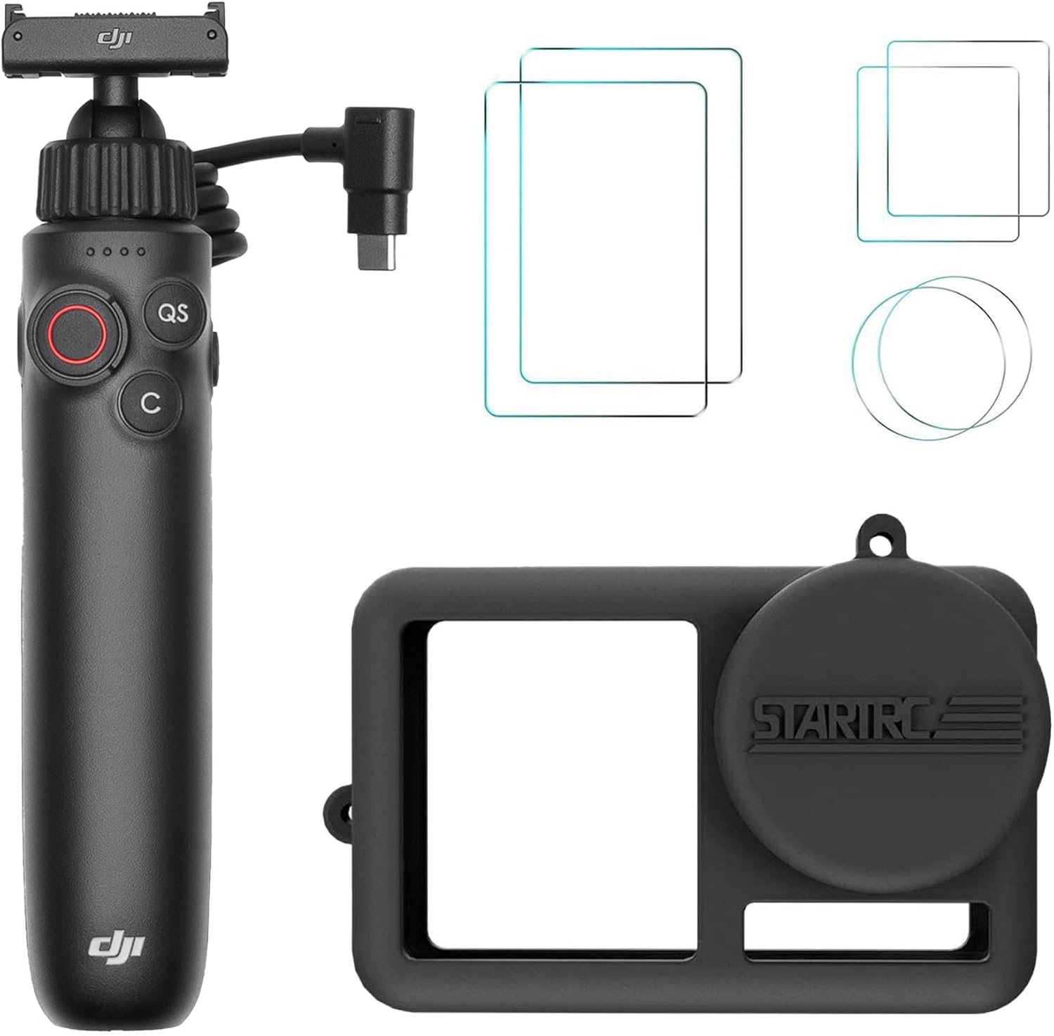 DJI Osmo Action Multifunctional Charging Handle with Protective Silicone Case and Tempered Glass Protectors Bundle - Charging Handle with high-Capacity Battery and Camera Control (3 Items)