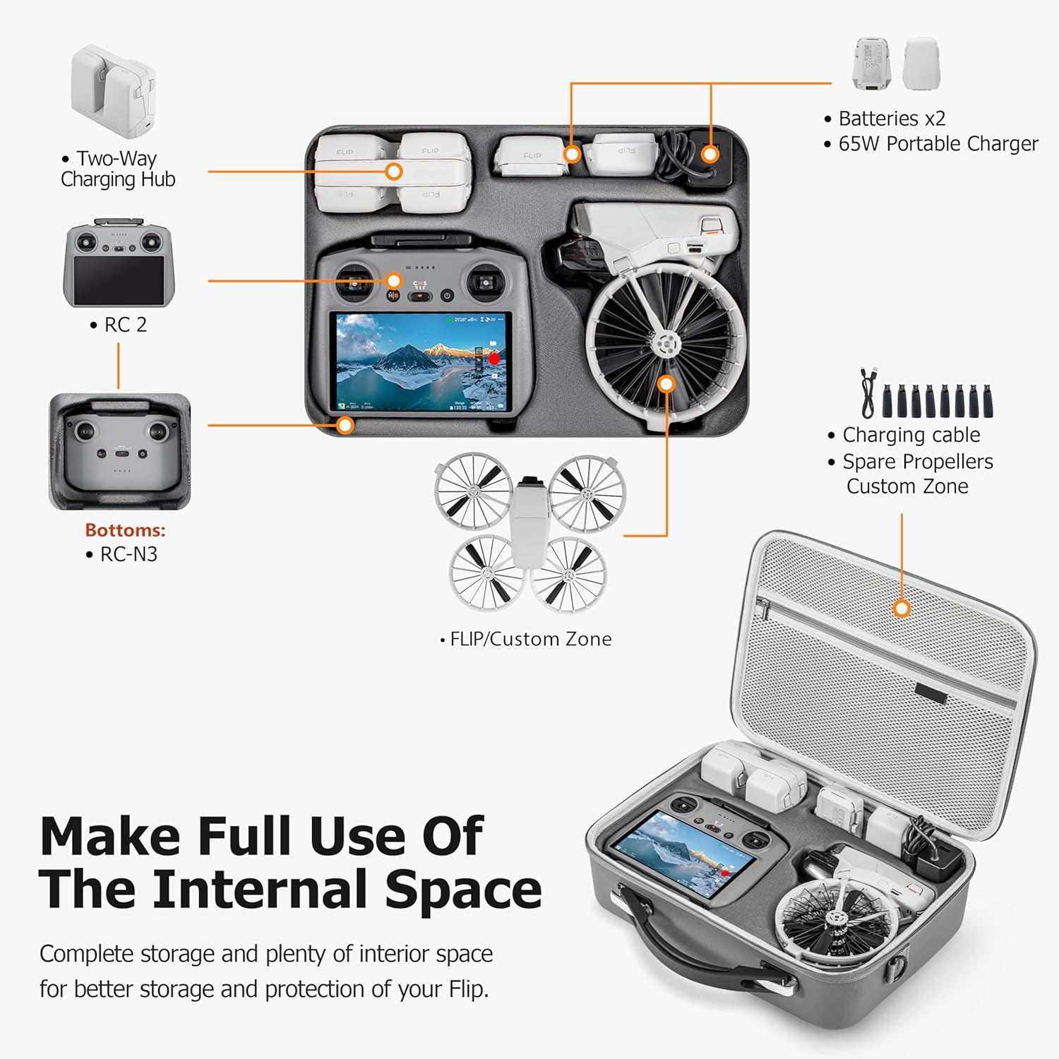 Flip Drone Case for DJI Flip Fly More Combo,Portable PU Leather Shoulder Bag Can Organizes RC2/RC-N3 Remote, 7 Original Batteries, Charging Hub, 65W Charger, Flip Drone and Other Accessories