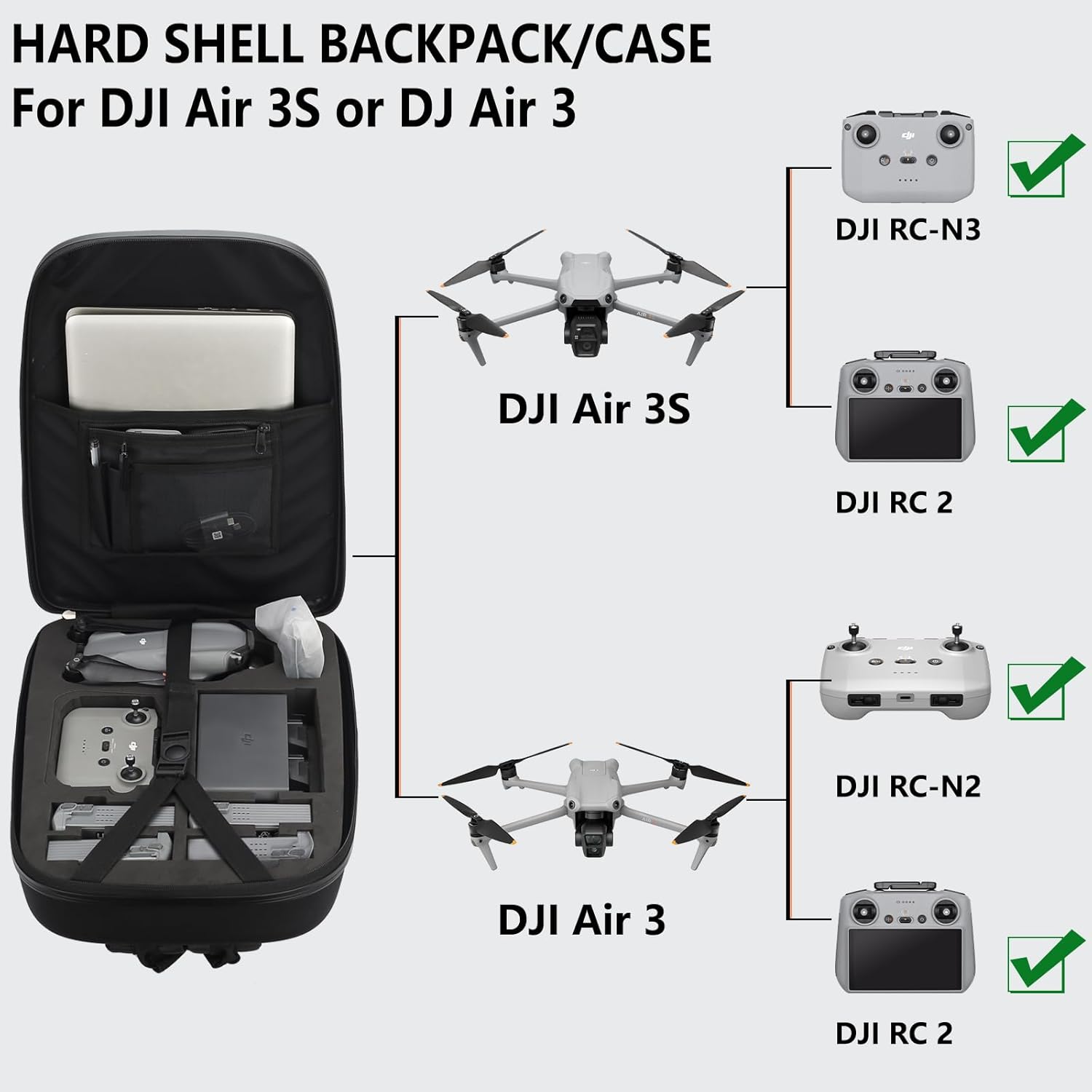 Hard Backpack Case for DJI Air 3S / Air 3 Fly More Combo Drone, Waterproof Shockproof Case for DJI Air 3S /Air 3 with Full Protection for Drone, Controller, Propellers, Battery  Accessories