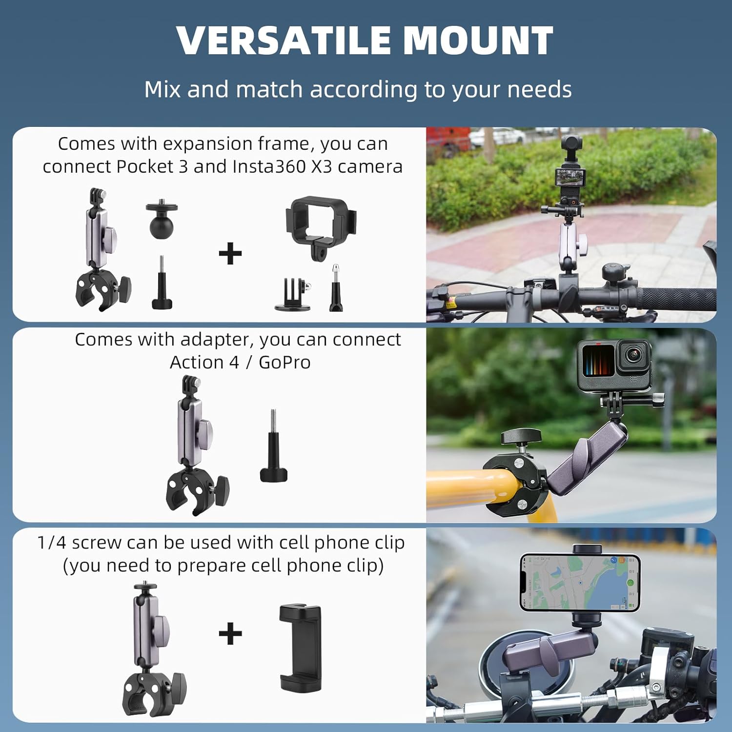 Pocket 3 Camera Bike Mount Clamp Motorcycle Handle Holder Aluminum for Insta360 X4 X3 Ace Pro Go 3S, for DJI Osmo Pocket 3 2 Mobile 6 4 Action 5 Pro 4 3, for GoPro 13 Max Hero Mini Accessories