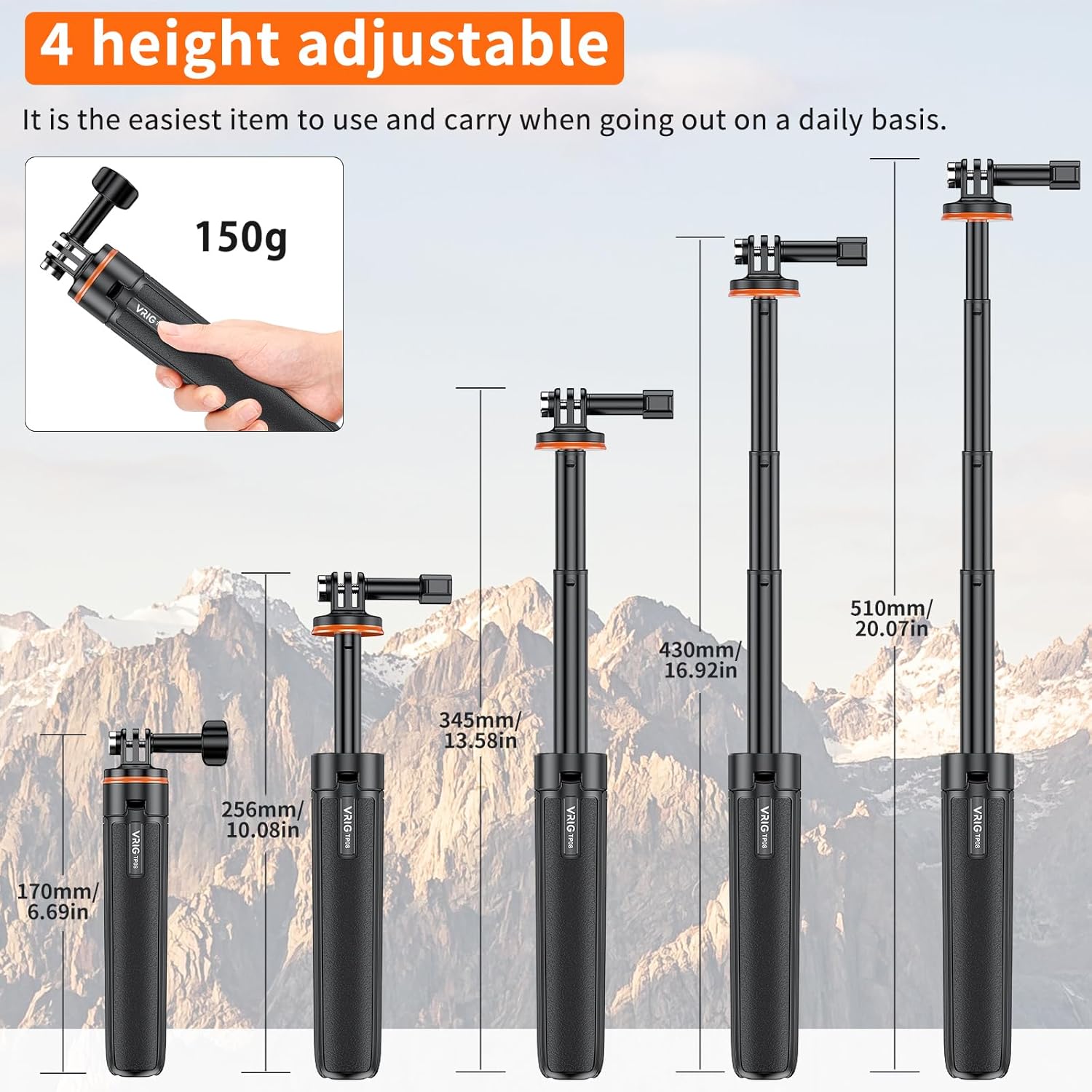 UURig Extendable Selfie Stick Tripod for GoPro Max Hero 10 9 8 7 6 5 4, DJI Osmo Action, Insta 360 One R and More Action Camera（50.7）