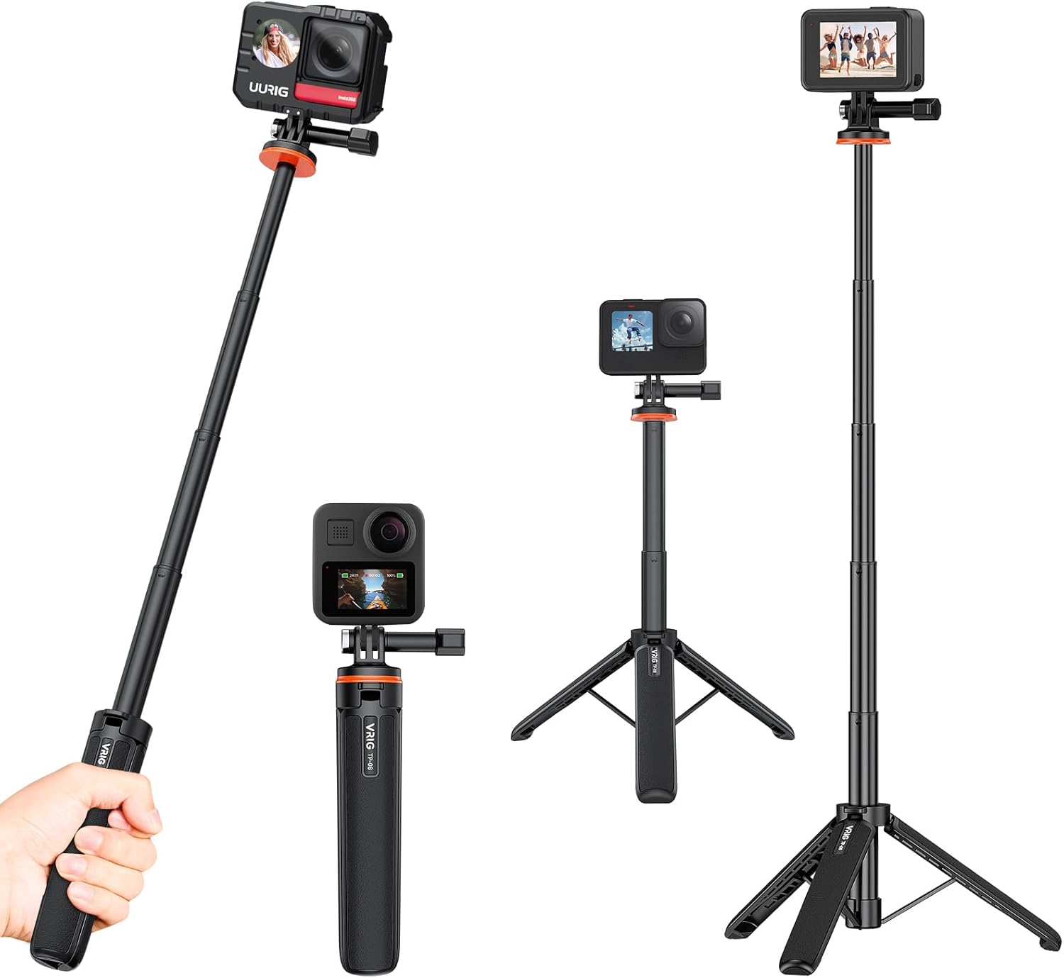 UURig Telescopic Selfie Stick Long with Tripod, Waterproof Hand Grip, for Insta360 GoPro Hero 10 9 8 7 6 5 4 3 2, Fusion, Max, Session, AKASO, SJCAM, DJI OSMO GoPro