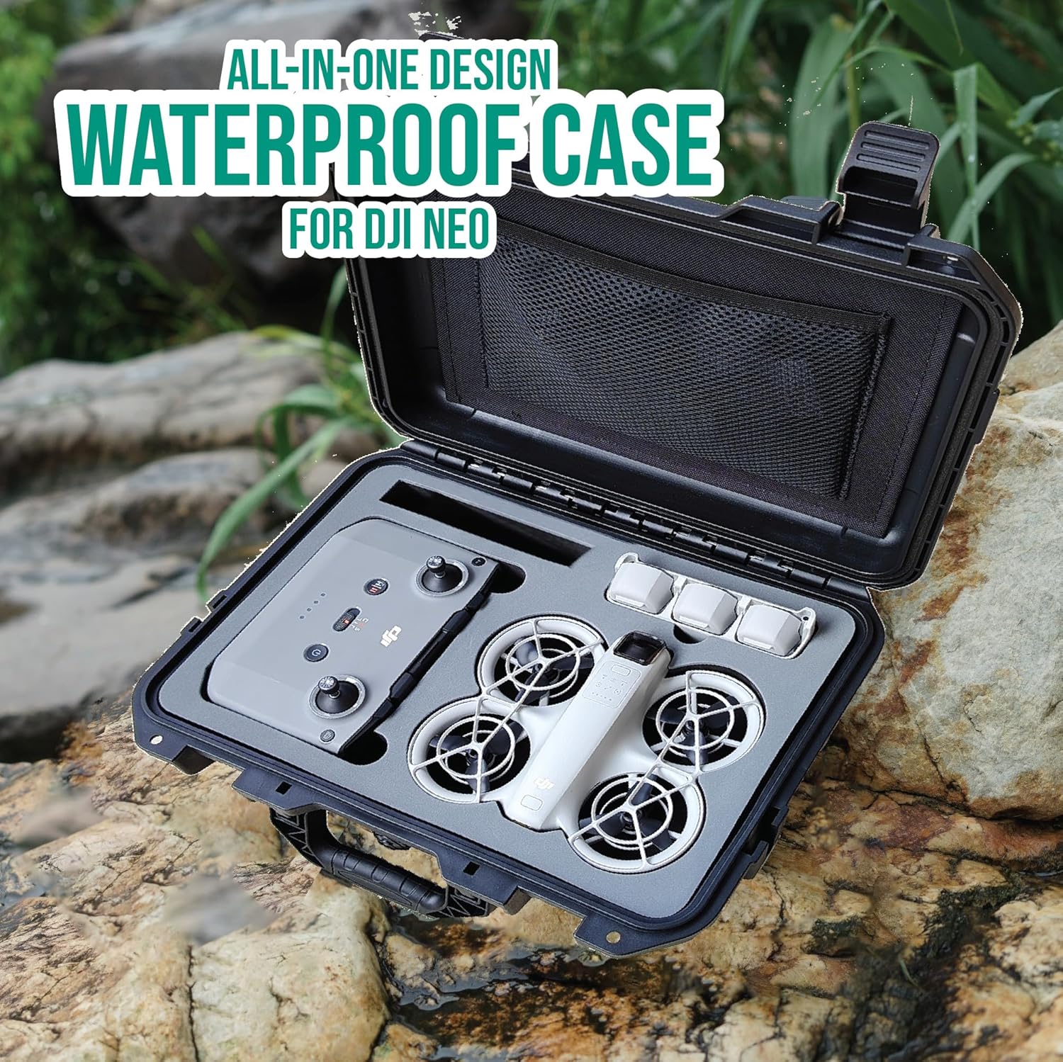 Waterproof Case for DJI Neo Fly More Combo Hard Shell Protective Carrying Case Mesh Pocket Provide Extra Space for Accessories Black (IWC008)