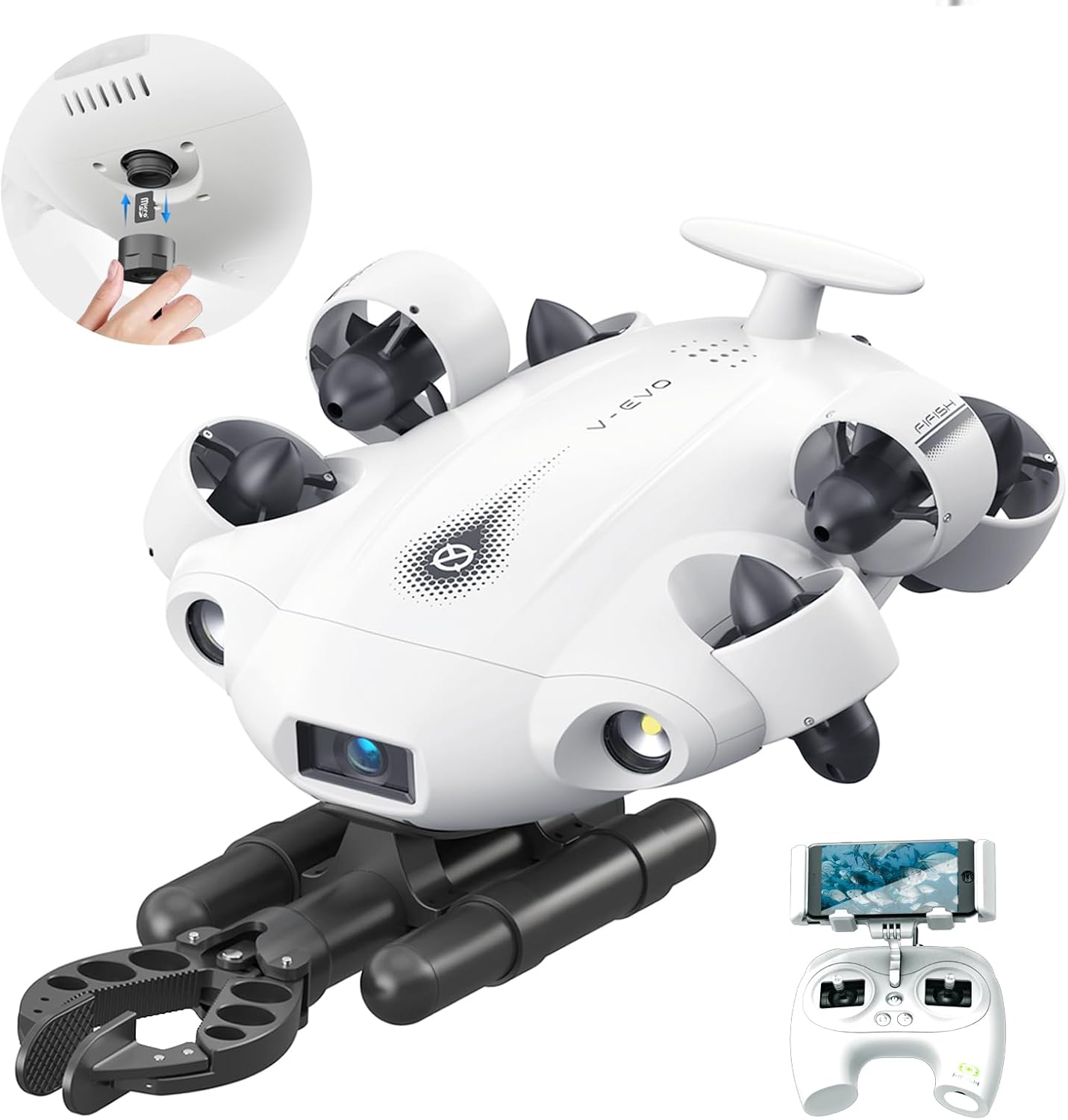 【2024 New】FIFISH V-EVO 4K60FPS Underwater Drone with Robotic Arm, with Removable SD Card, QYSEA AI Vision Lock 360° Omnidirectional Movement Underwater ROV with Depth Hold, Portable Robot with VR Control