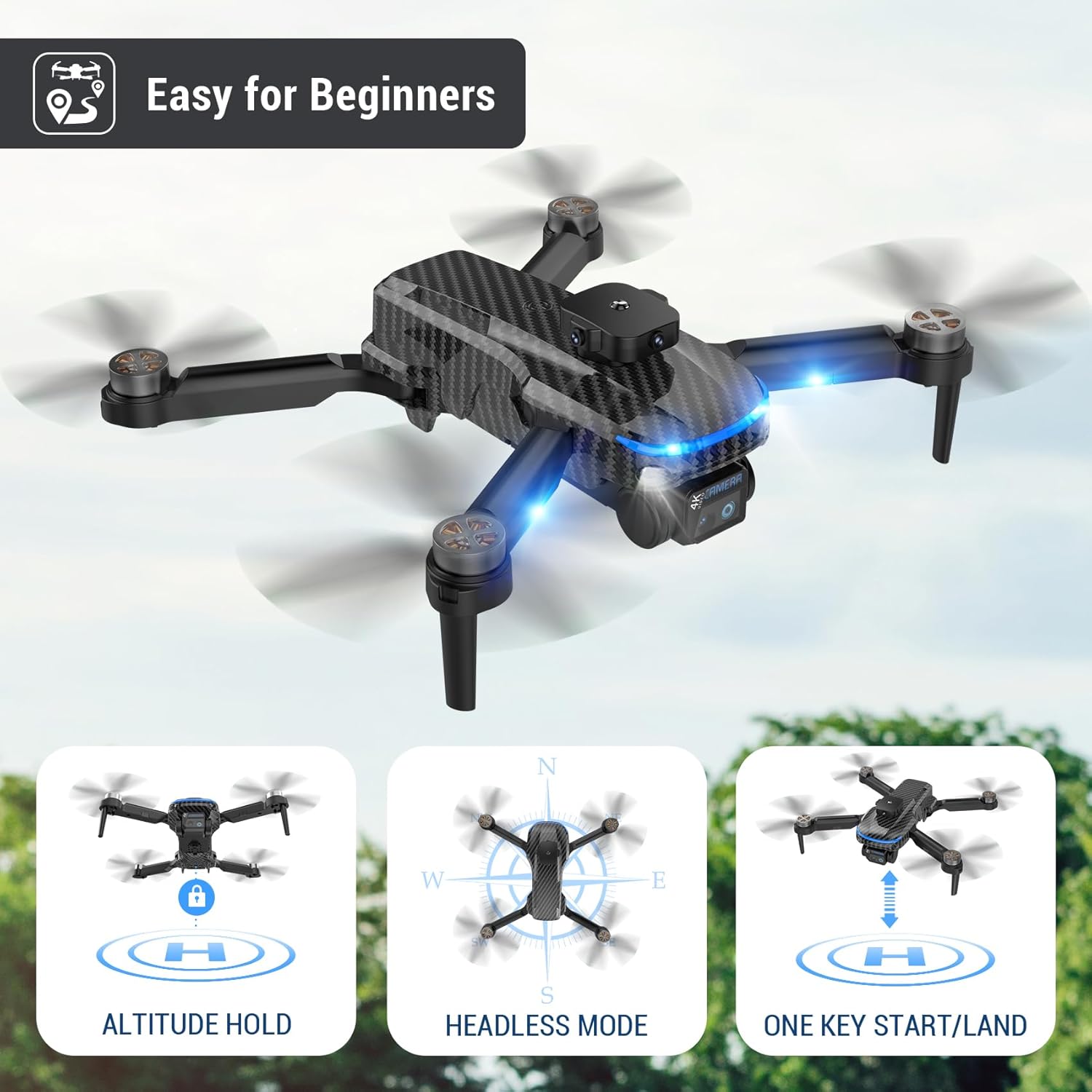 4K Drone for Kids Beginners,Emergency Stop,Headless Mode,Carrying Case,360 Flips,2 Batteries - Wireless Toys for Boys and Girls