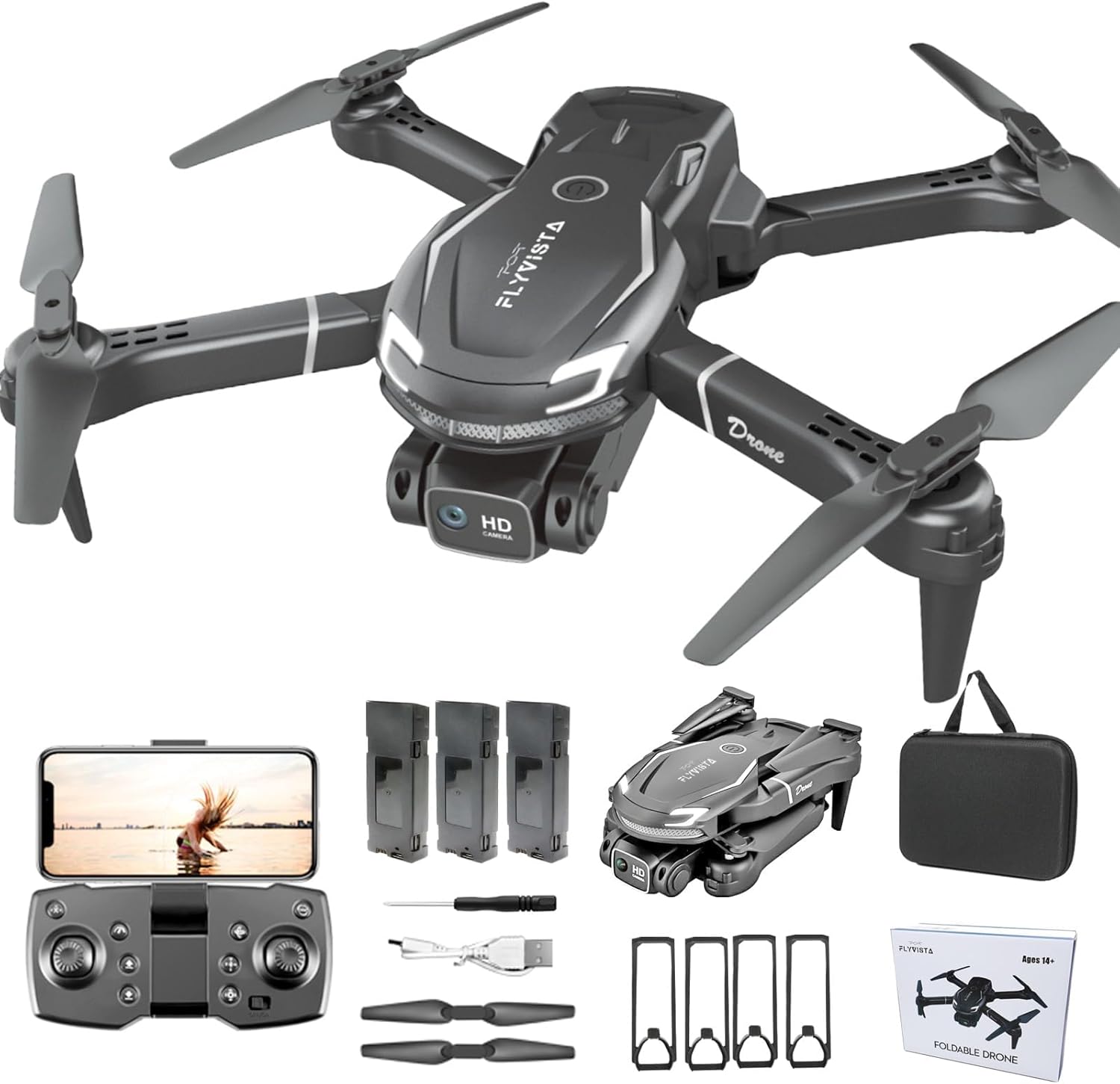 Cool Mini Drone with Camera for Kids Adults Beginners, 1080P FPV Camera Remote Control Drone for Kids with 3 Batteries, One-Click Take Off/Landing, Altitude Hold, Headless Mode, 360° Flips, 3-Gear Speeds , Emergency Stop, Toys Gifts for Kids