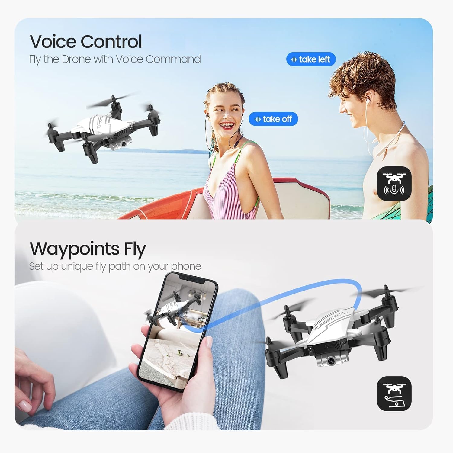 DEERC D20 Mini Drone with Camera for Kids, Remote Control Toys Gifts for Boys Girls with Voice Control, Gestures Selfie, Altitude Hold, Gravity Control, One Key Start, 3D Flips 2 Batteries, White