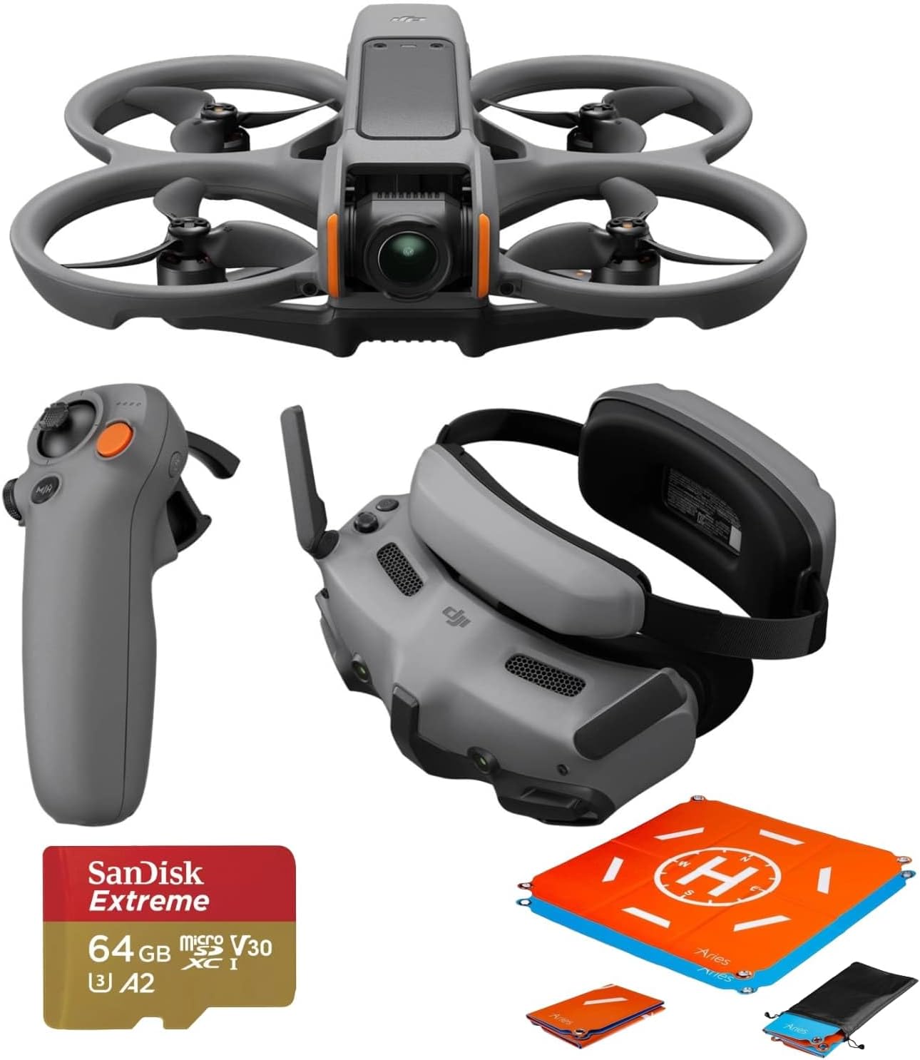 DJI Avata 2 Fly More Combo (1 Battery), FPV Drone with Camera 4K, Built-in Propeller Guard, Easy Flip/Roll, Goggles 3 and RC Motion 3 Included, POV Content Camera Drone, Black + SD Card  Landing pad